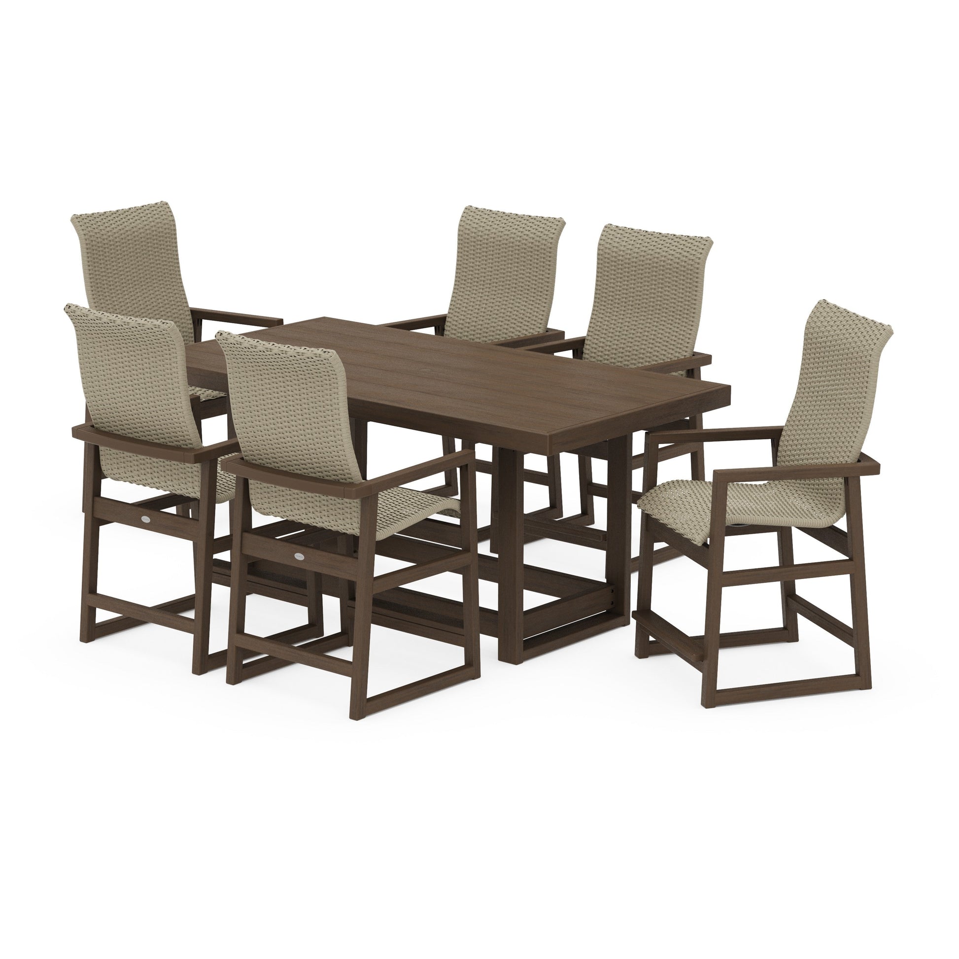 POLYWOOD EDGE Woven Highback Arm Chair 7-Piece Counter Set — Kona / Dune Grass