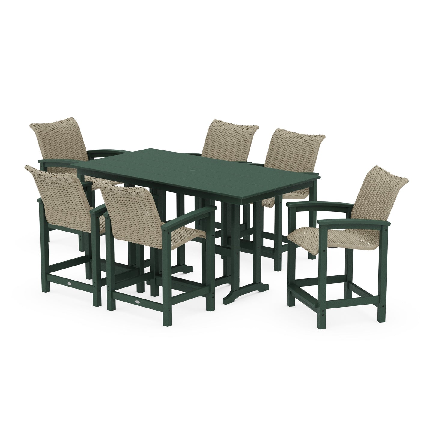 POLYWOOD Coastal Woven Arm Chair 7-Piece Farmhouse Counter Set — Green / Dune Grass