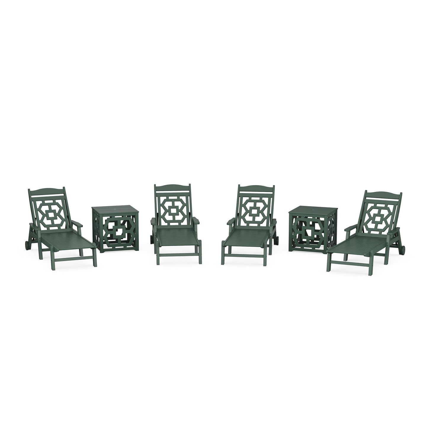 POLYWOOD Chinoiserie 6-Piece Chaise Set with Umbrella Stand Accent Table — Green