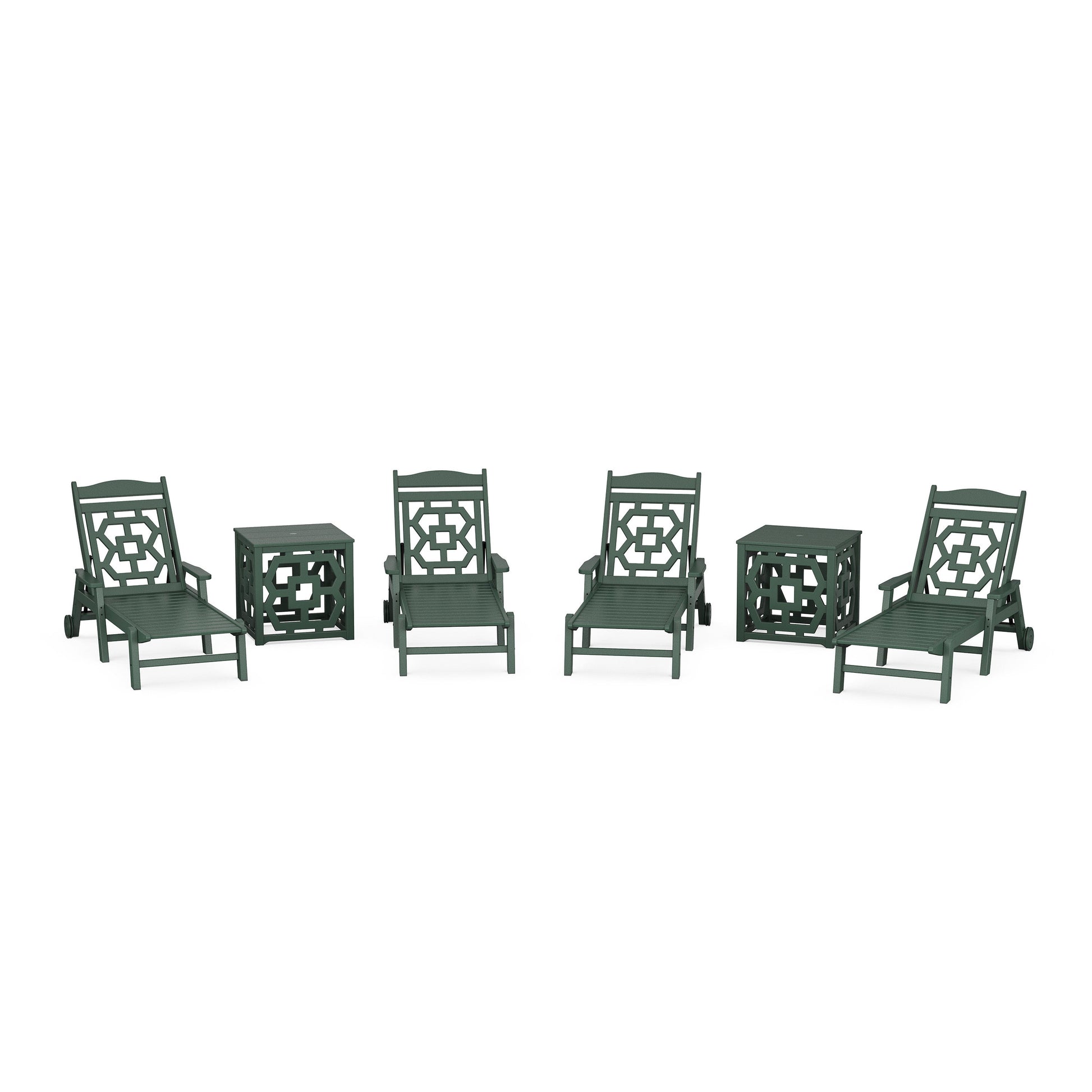 POLYWOOD Chinoiserie 6-Piece Chaise Set with Umbrella Stand Accent Table — Green
