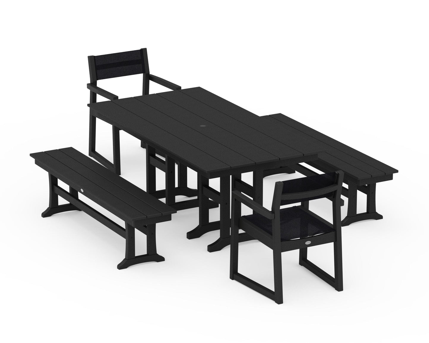 POLYWOOD EDGE Sling Arm Chair 5-Piece Farmhouse Dining Set with Benches — Black / Black Sling