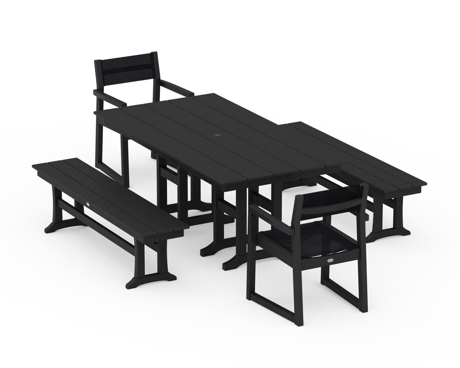 POLYWOOD EDGE Sling Arm Chair 5-Piece Farmhouse Dining Set with Benches — Black / Black Sling