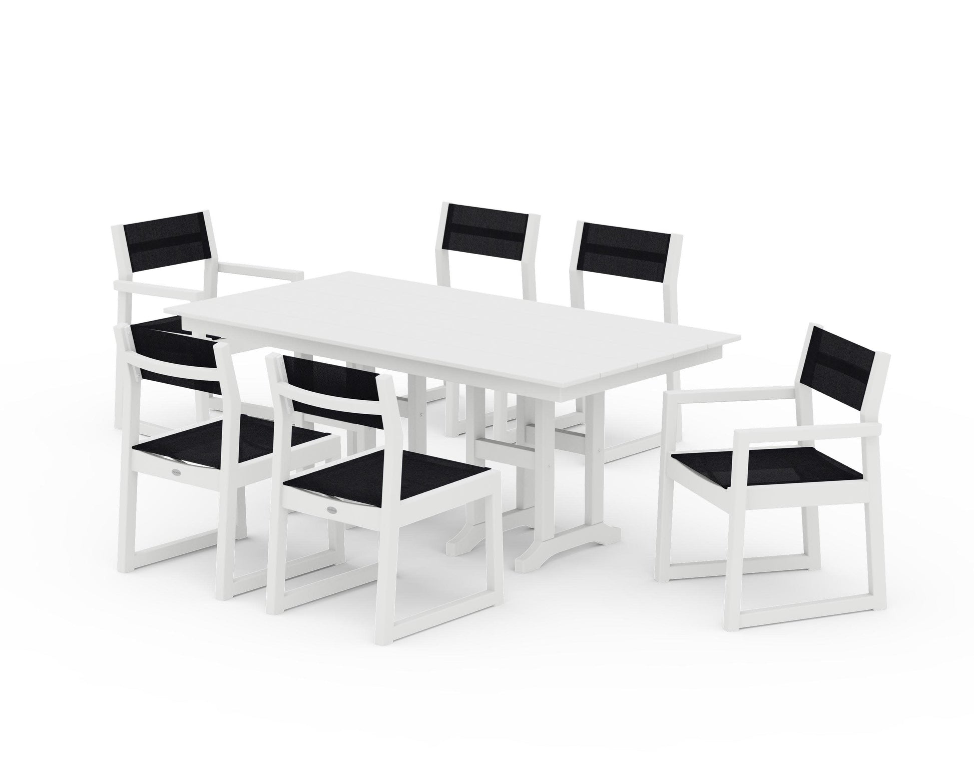 POLYWOOD EDGE Sling 7-Piece Farmhouse Dining Set — White / Black Sling