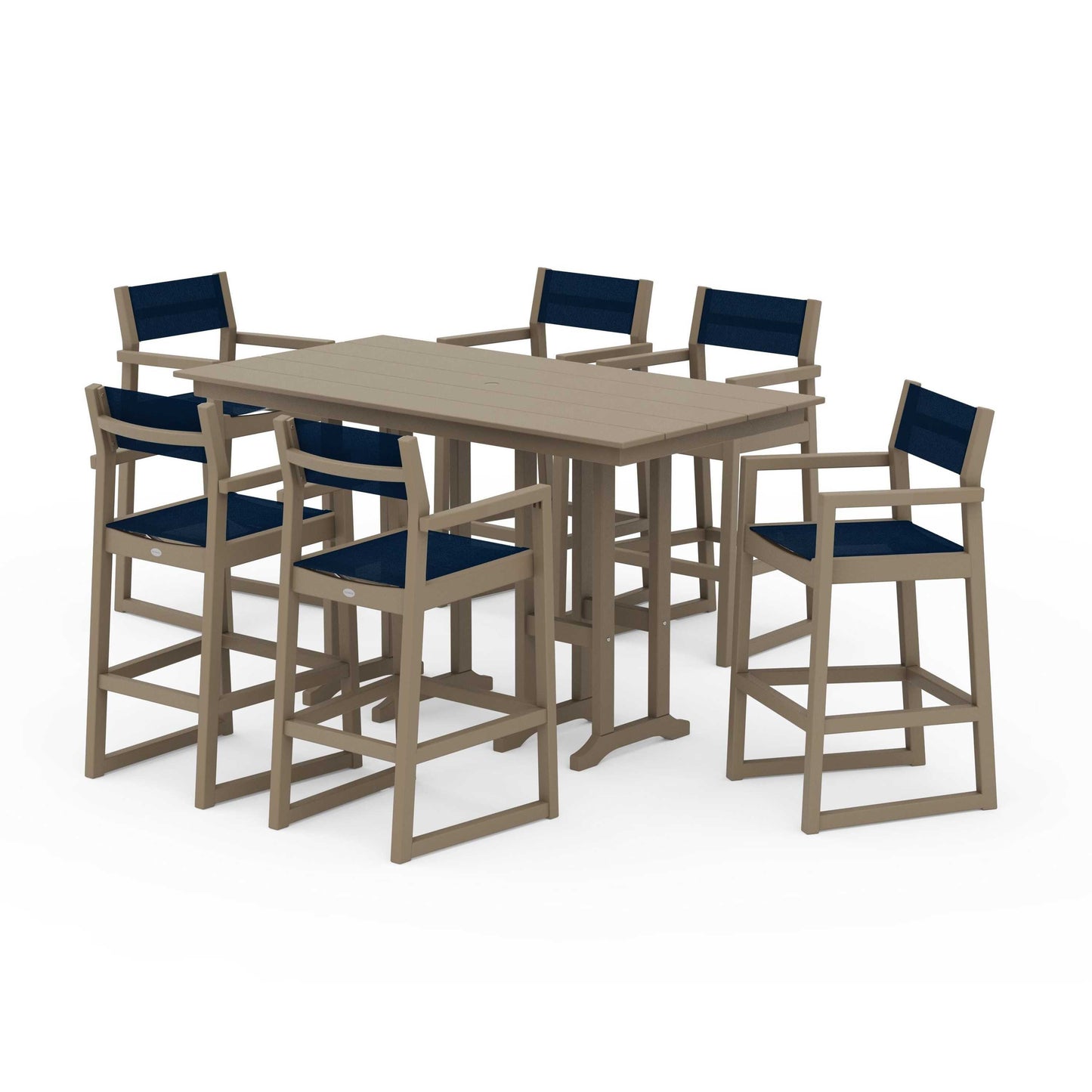 POLYWOOD EDGE Sling Arm Chair 7-Piece Farmhouse Bar Set — Vintage Sahara / Navy Blue Sling