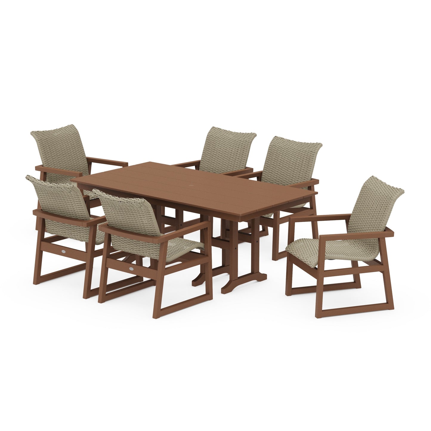 POLYWOOD EDGE Woven Arm Chair 7-Piece Farmhouse Dining Set — Teak / Dune Grass