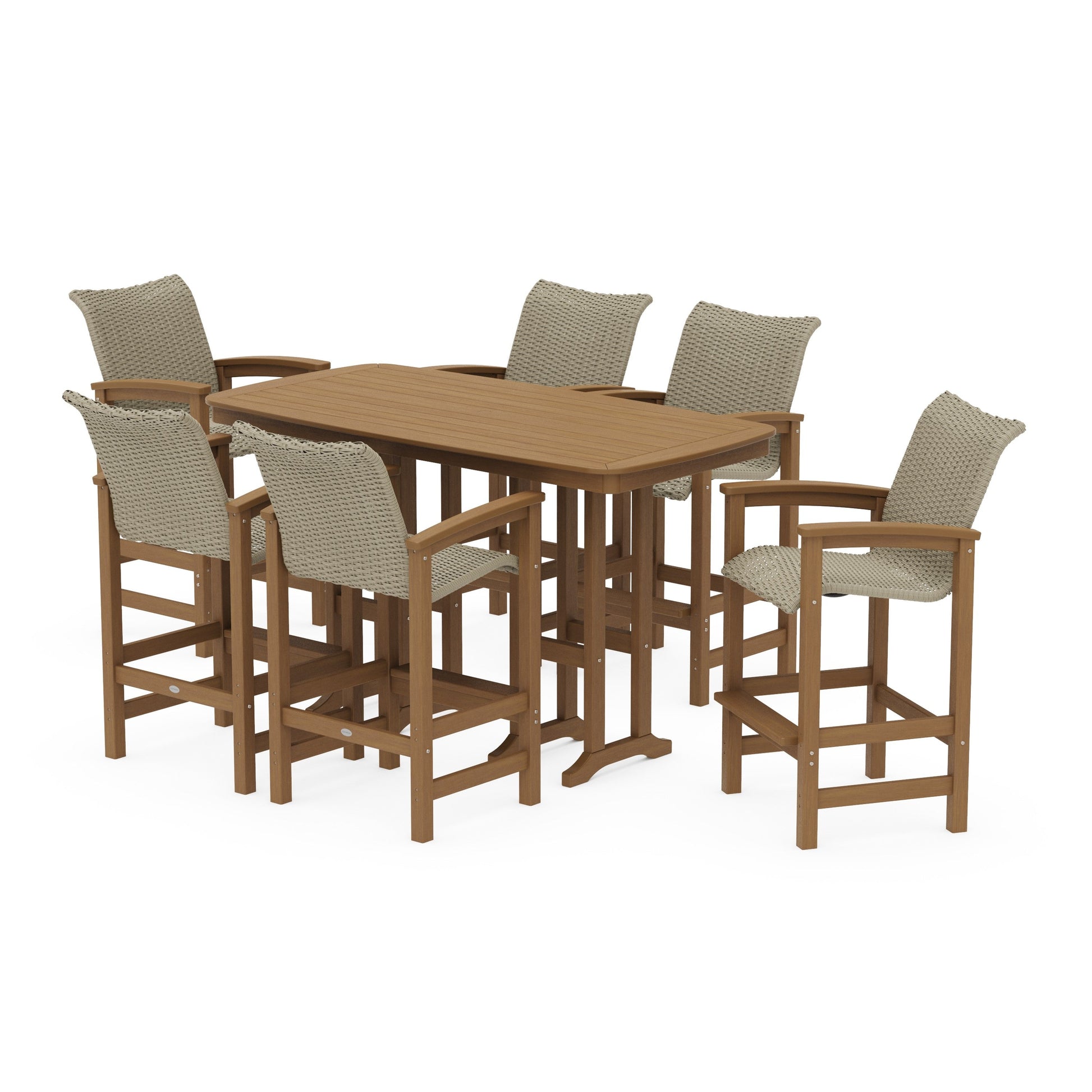 POLYWOOD Coastal Woven Arm Chair 7-Piece Bar Set — Natural / Dune Grass