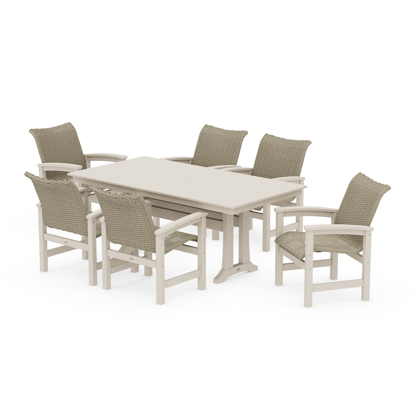 POLYWOOD Coastal Woven Arm Chair 7-Piece Farmhouse Dining Set with Trestle Legs — Sand / Dune Grass