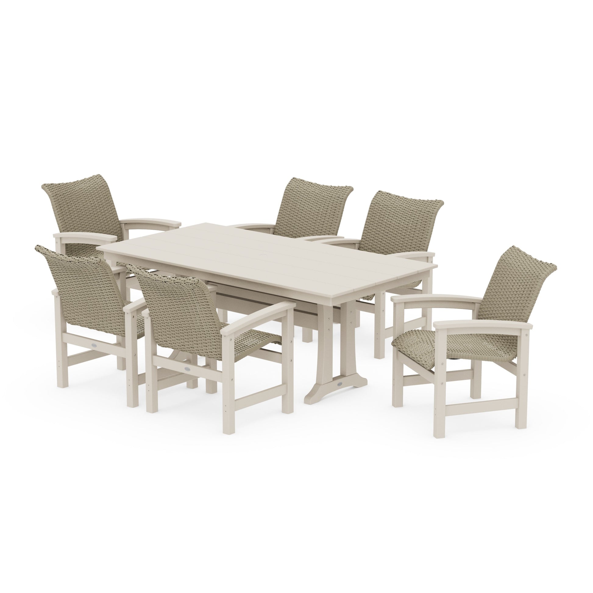 POLYWOOD Coastal Woven Arm Chair 7-Piece Farmhouse Dining Set with Trestle Legs — Sand / Dune Grass