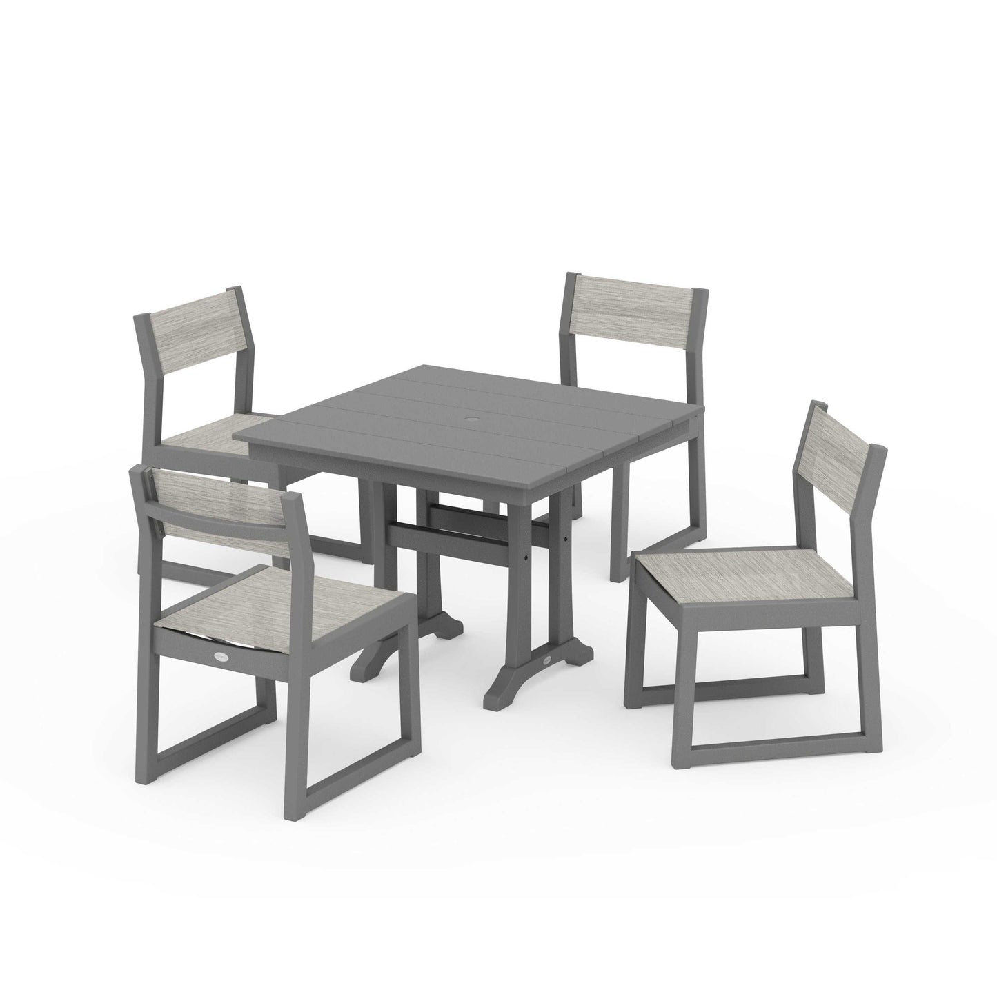 POLYWOOD EDGE Sling 5-Piece Farmhouse Trestle Side Chair Dining Set — Slate Grey / Birch Sling