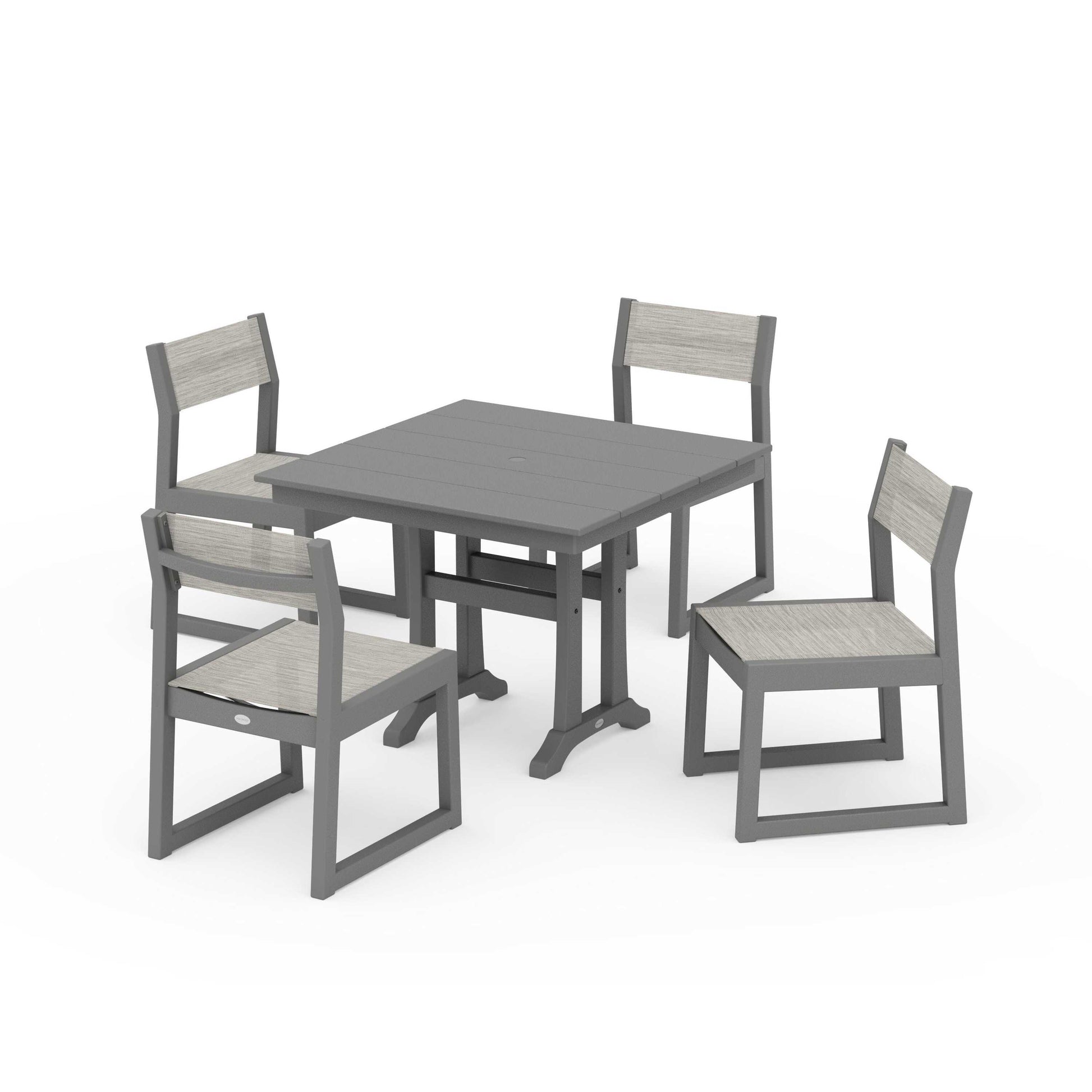 POLYWOOD EDGE Sling 5-Piece Farmhouse Trestle Side Chair Dining Set — Slate Grey / Birch Sling