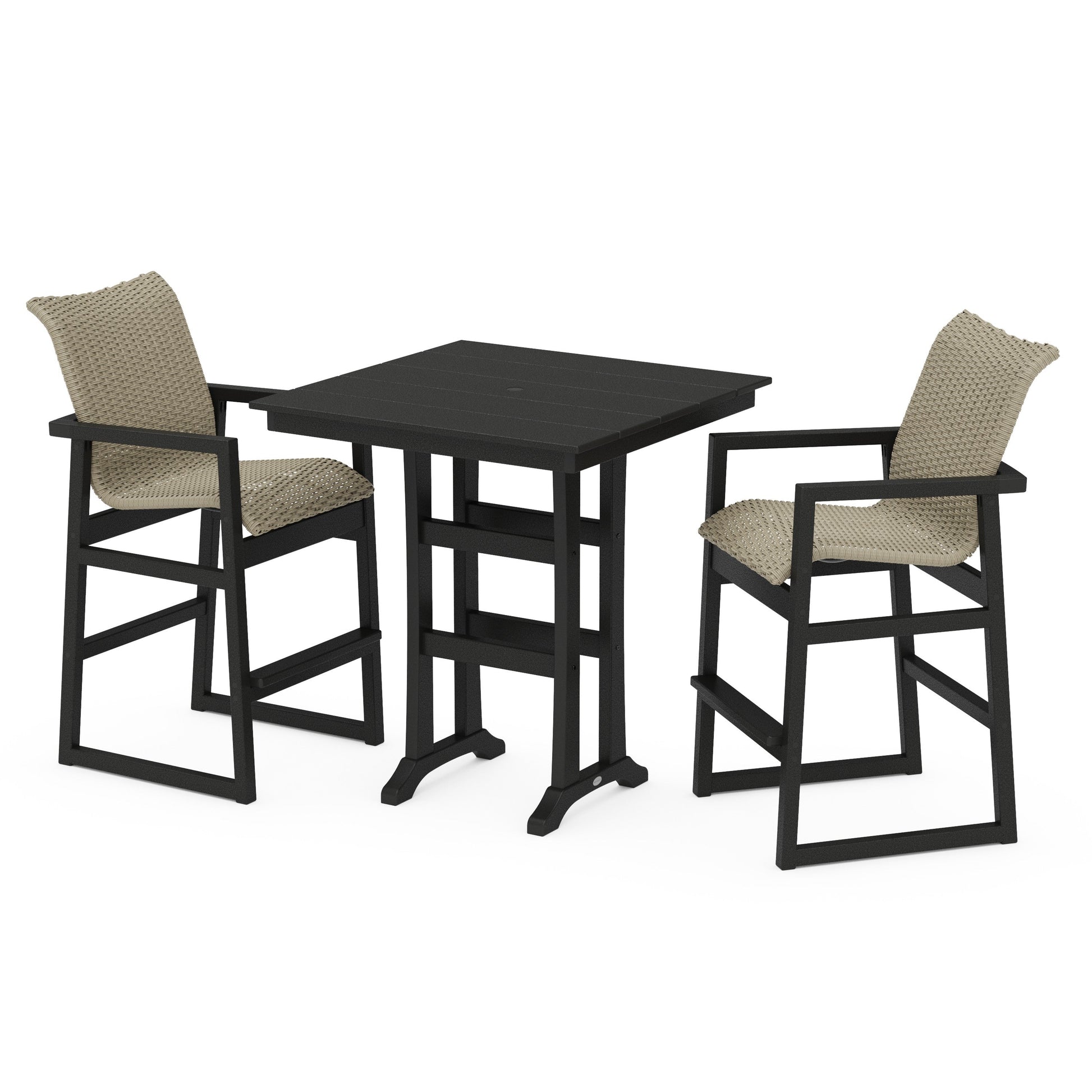 POLYWOOD EDGE Woven 3-Piece Farmhouse Bar Set with Trestle Legs — Black / Dune Grass