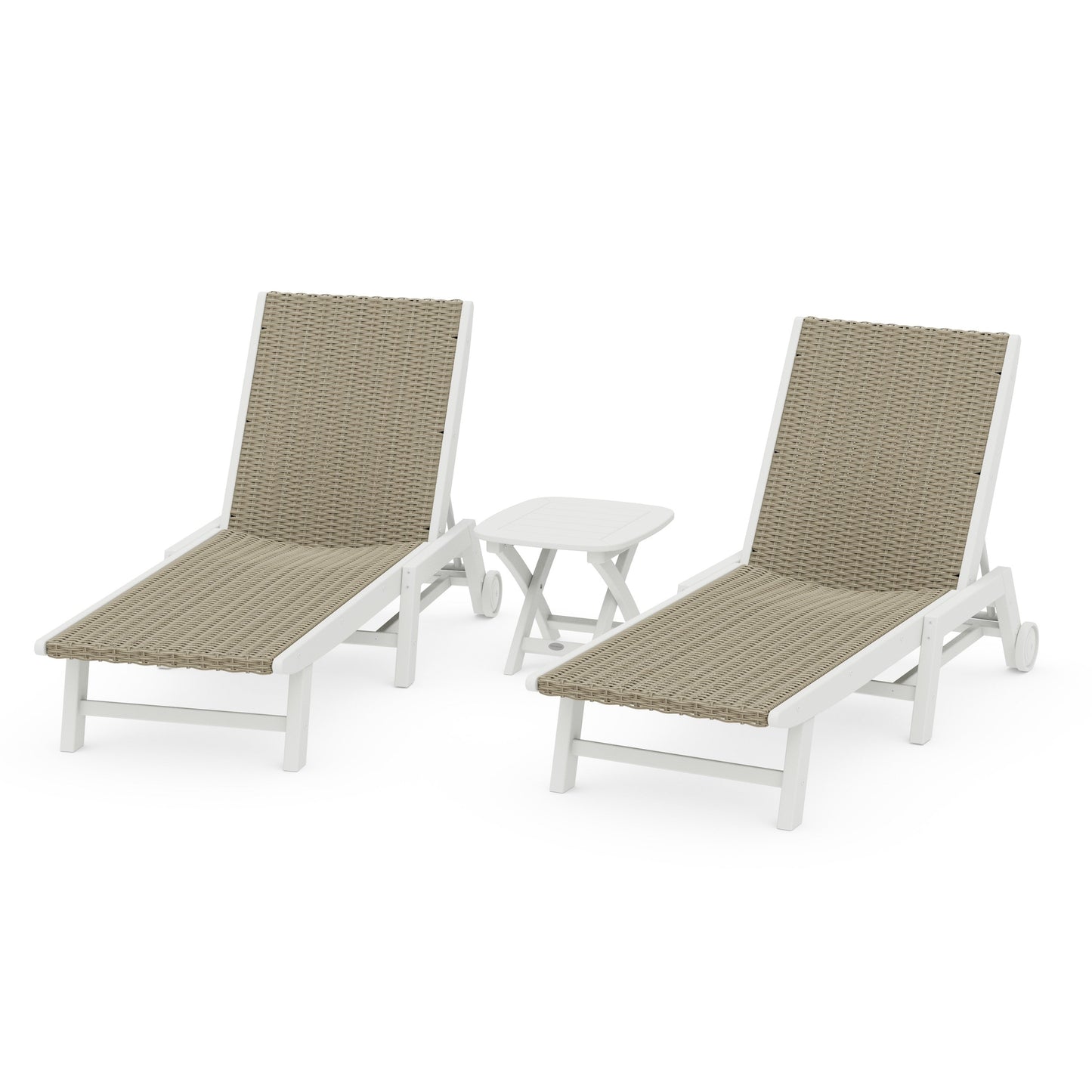 POLYWOOD 3 - Piece Coastal Woven Chaise with Wheels Chaise Lounge Set — White / Dune Grass