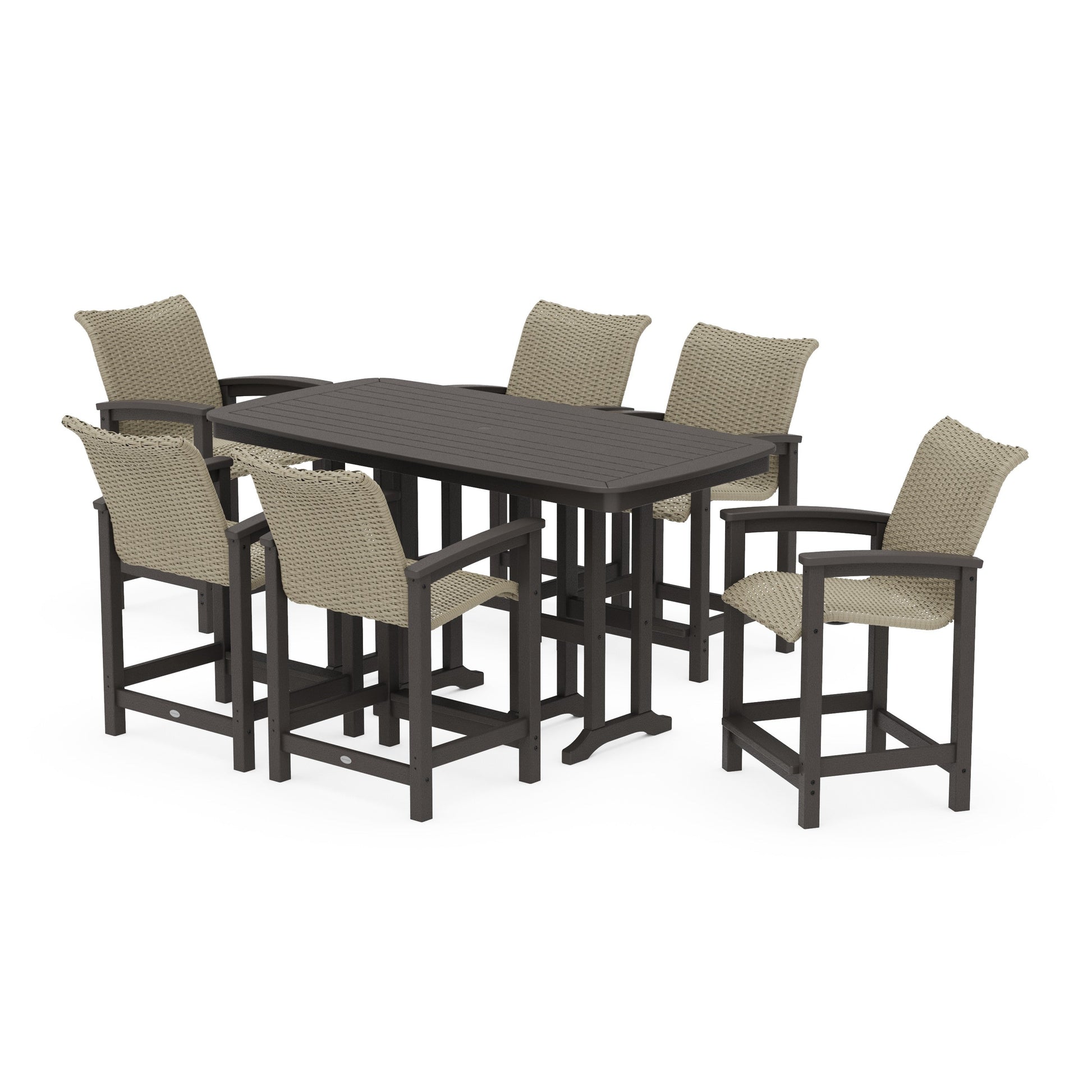 POLYWOOD Coastal Woven Arm Chair 7-Piece Counter Set — Vintage Coffee / Dune Grass