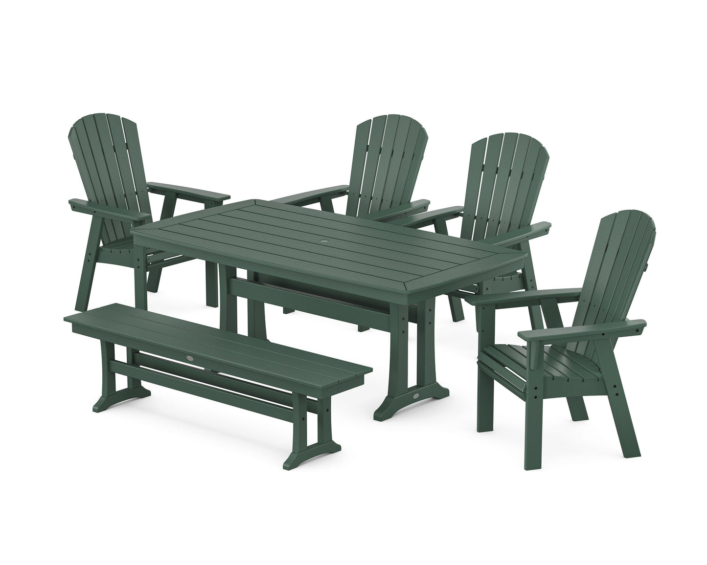 POLYWOOD Nautical Curveback Adirondack 6-Piece Dining Set with Trestle Legs and Bench — Green