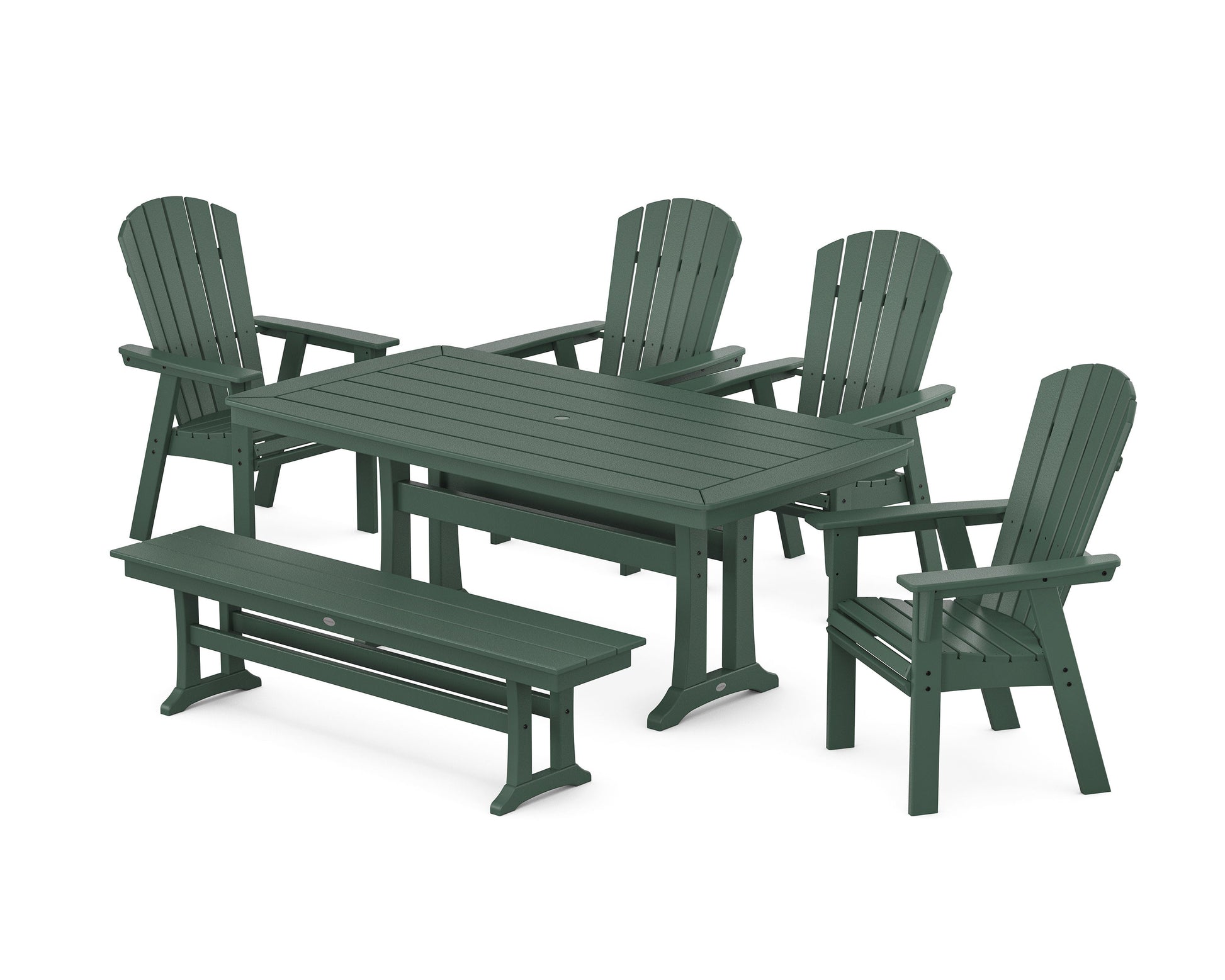 POLYWOOD Nautical Curveback Adirondack 6-Piece Dining Set with Trestle Legs and Bench — Green