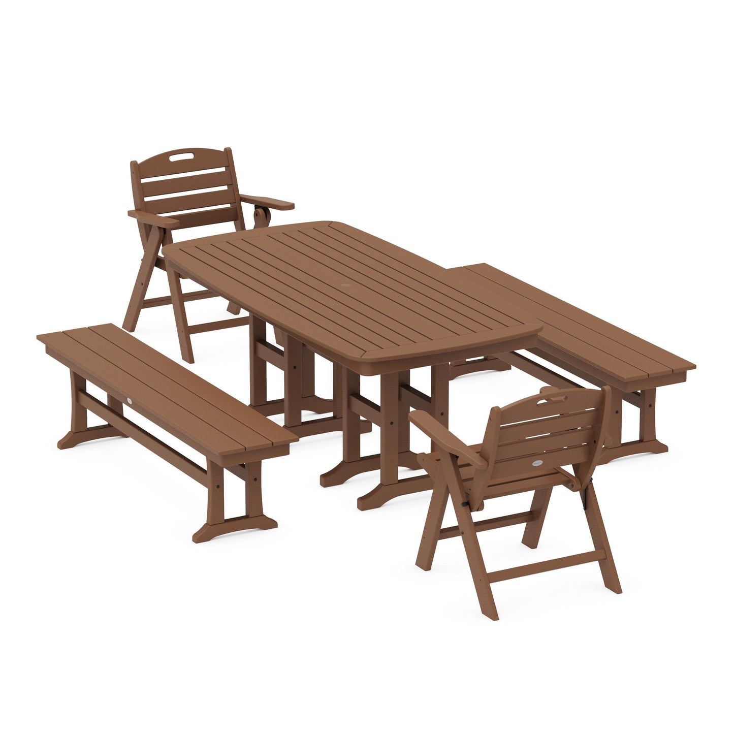 POLYWOOD Nautical Lowback 5-Piece Dining Set with Benches — Teak