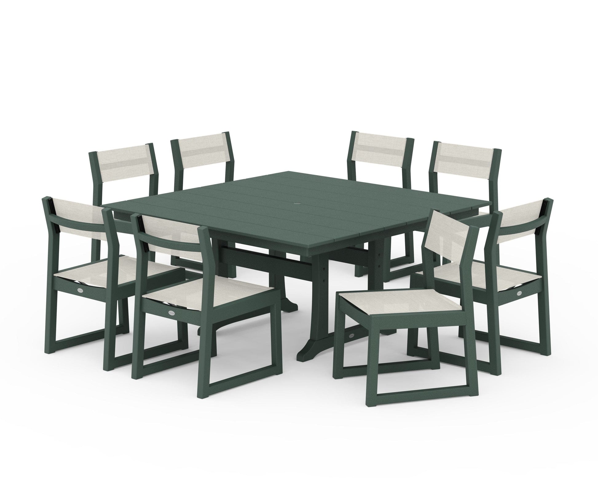 POLYWOOD EDGE Sling Side Chair 9-Piece Farmhouse Trestle Dining Set — Green / Parchment Sling