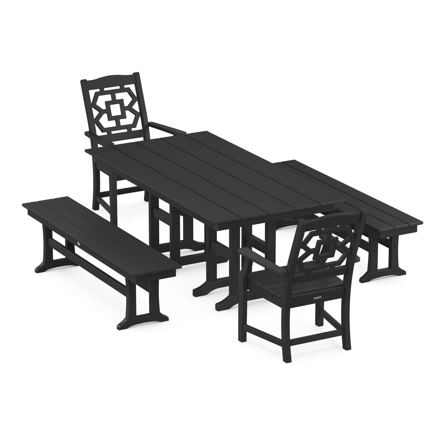 POLYWOOD Chinoiserie 5-Piece Farmhouse Dining Set with Benches — Black