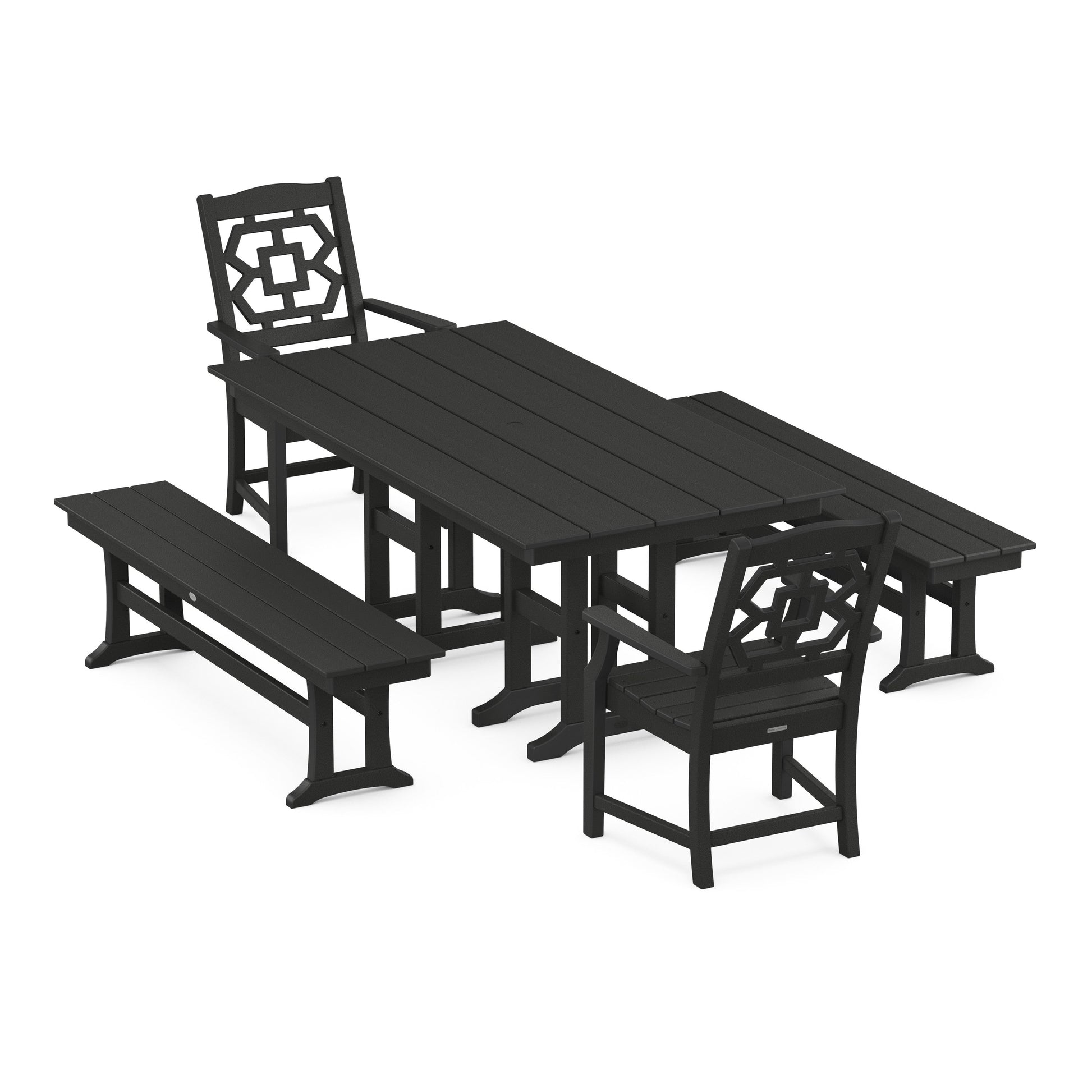POLYWOOD Chinoiserie 5-Piece Farmhouse Dining Set with Benches — Black