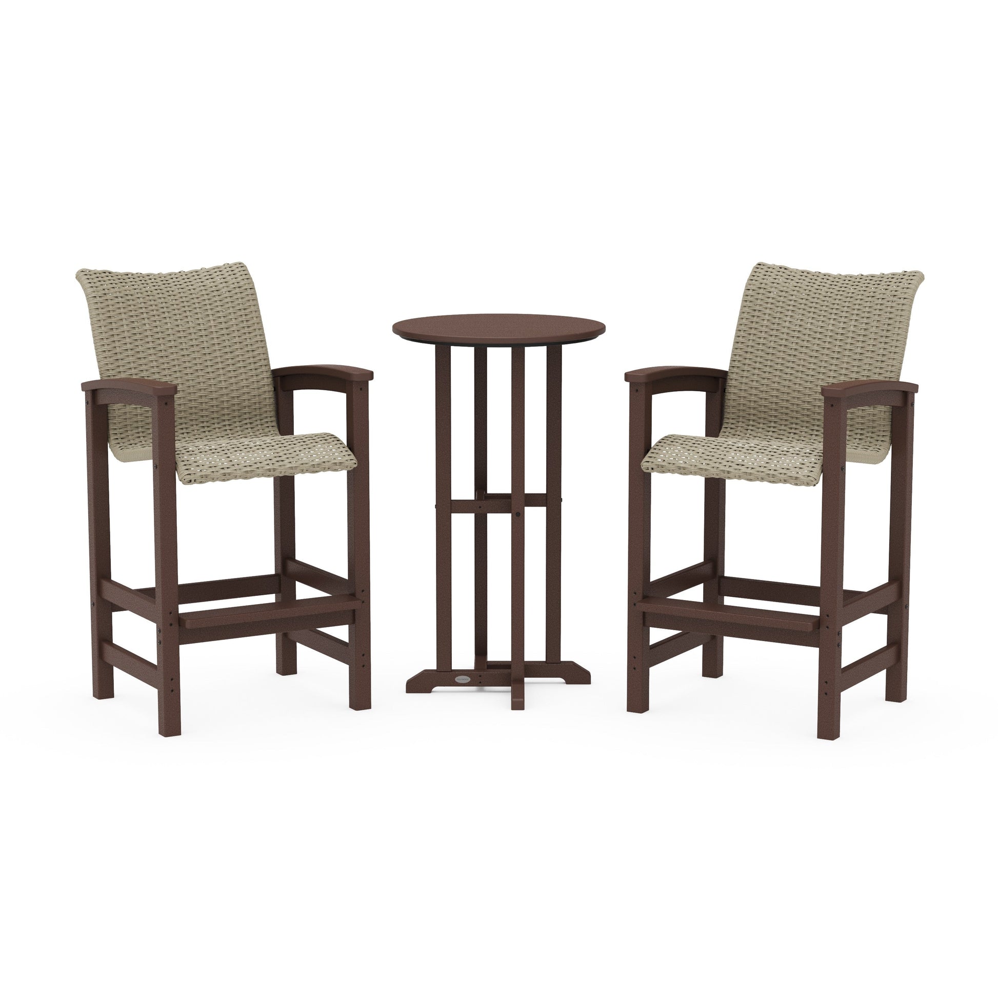 POLYWOOD Coastal Woven 3-Piece Farmhouse Bar Set — Mahogany / Dune Grass