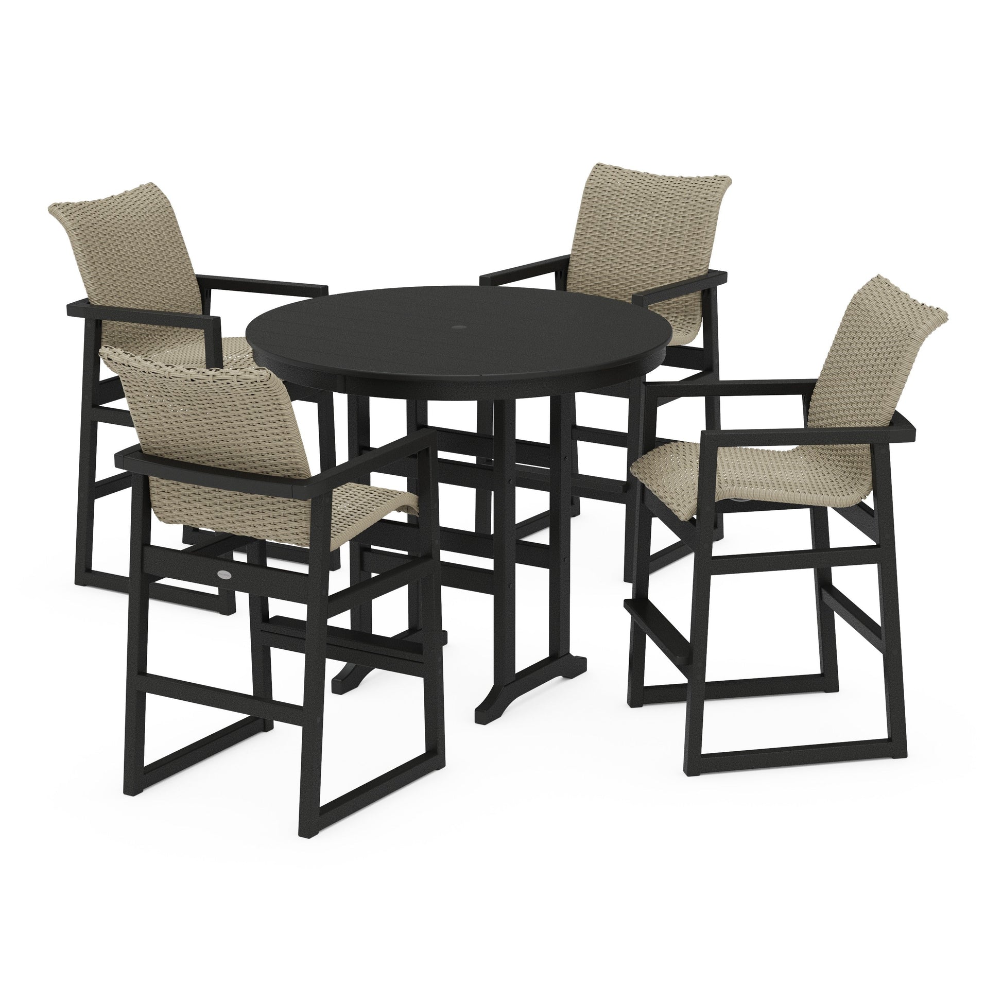 POLYWOOD EDGE Woven 5-Piece Round Farmhouse Bar Set — Black / Dune Grass