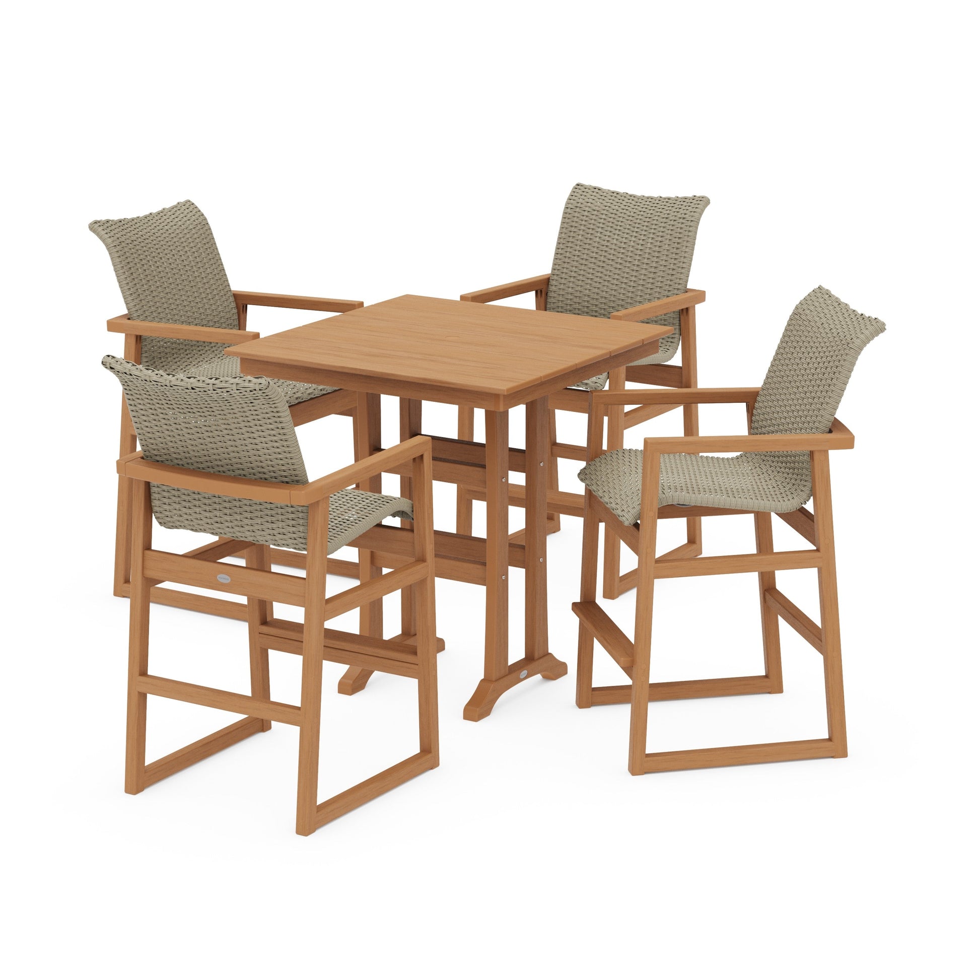 POLYWOOD EDGE Woven 5-Piece Farmhouse Bar Set with Trestle Legs — Natural / Dune Grass
