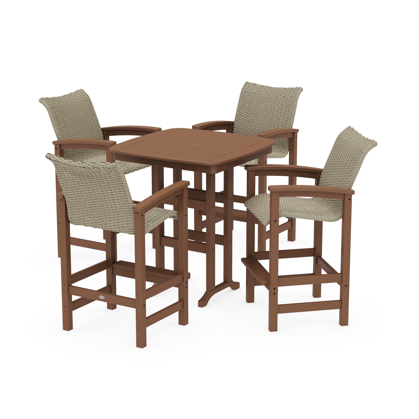 POLYWOOD Coastal Woven 5-Piece Bar Set — Teak / Dune Grass