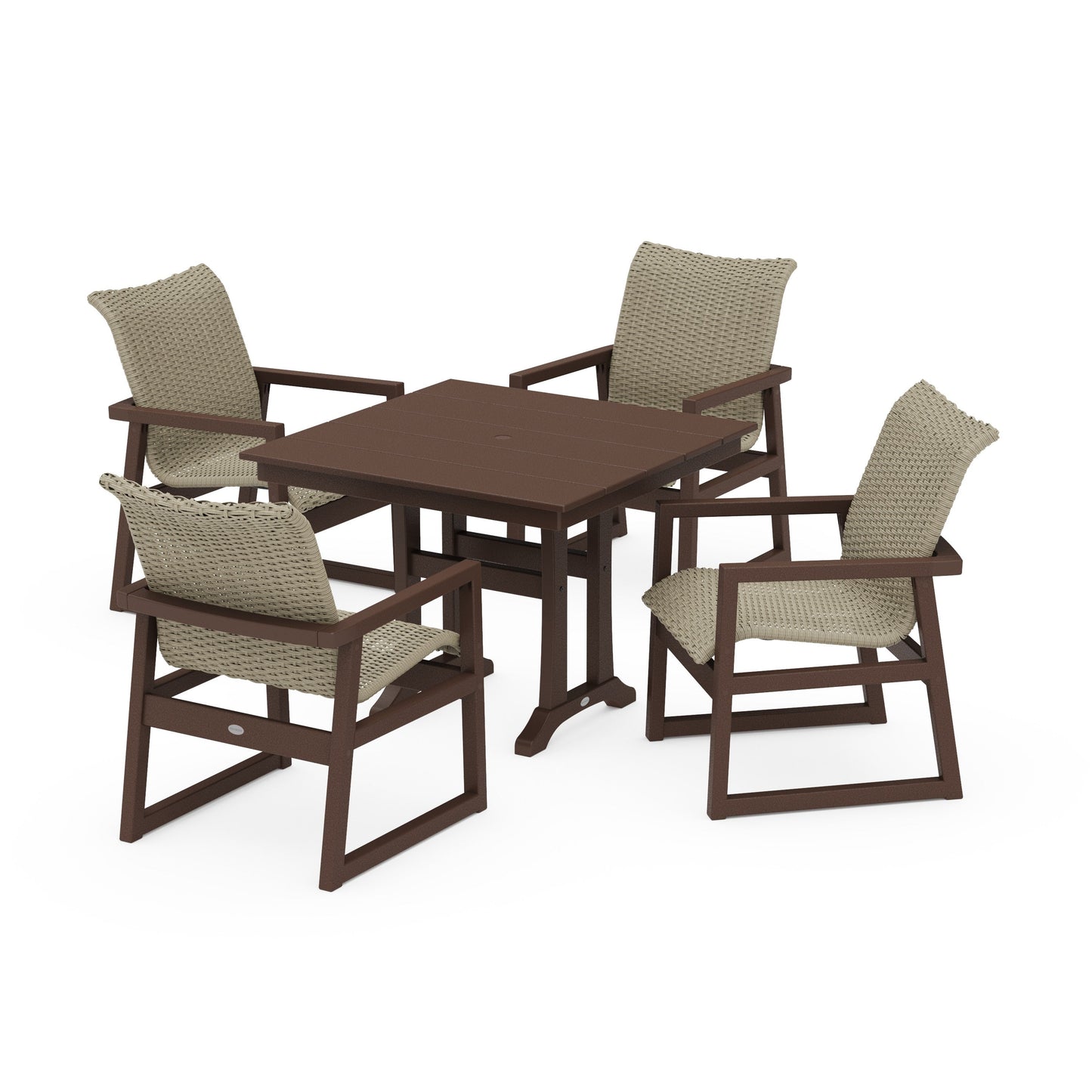 POLYWOOD EDGE Woven 5-Piece Farmhouse Dining Set with Trestle Legs — Mahogany / Dune Grass