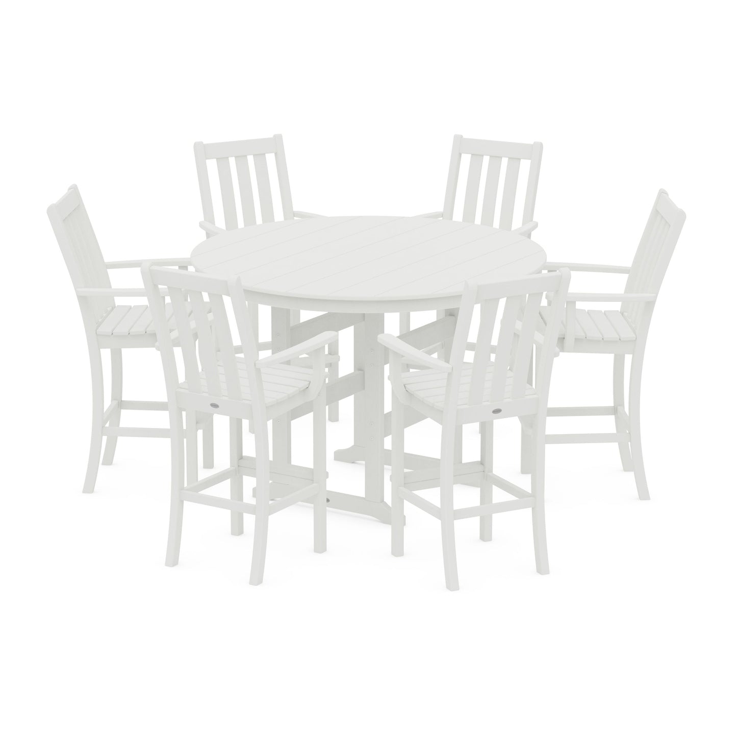 POLYWOOD Vineyard 7-Piece Arm Chair Round Farmhouse Bar Set — Vintage White