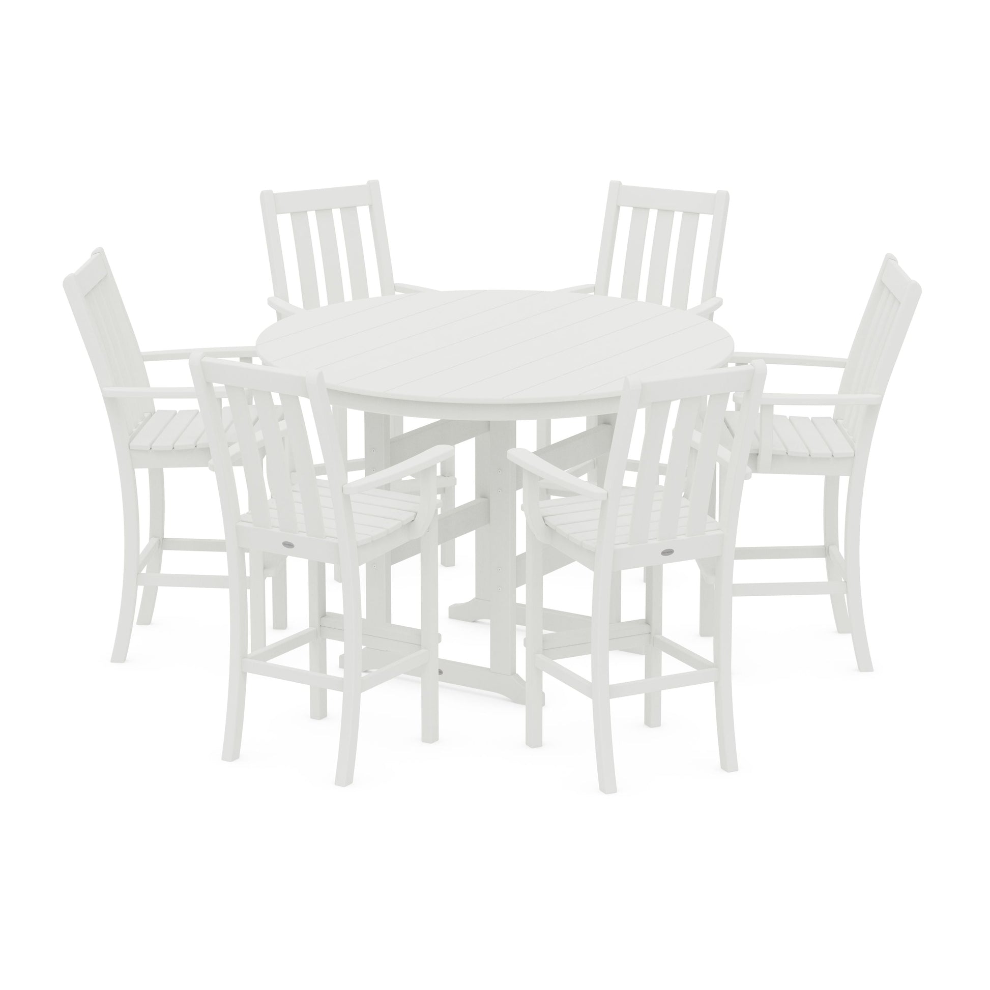 POLYWOOD Vineyard 7-Piece Arm Chair Round Farmhouse Bar Set — Vintage White