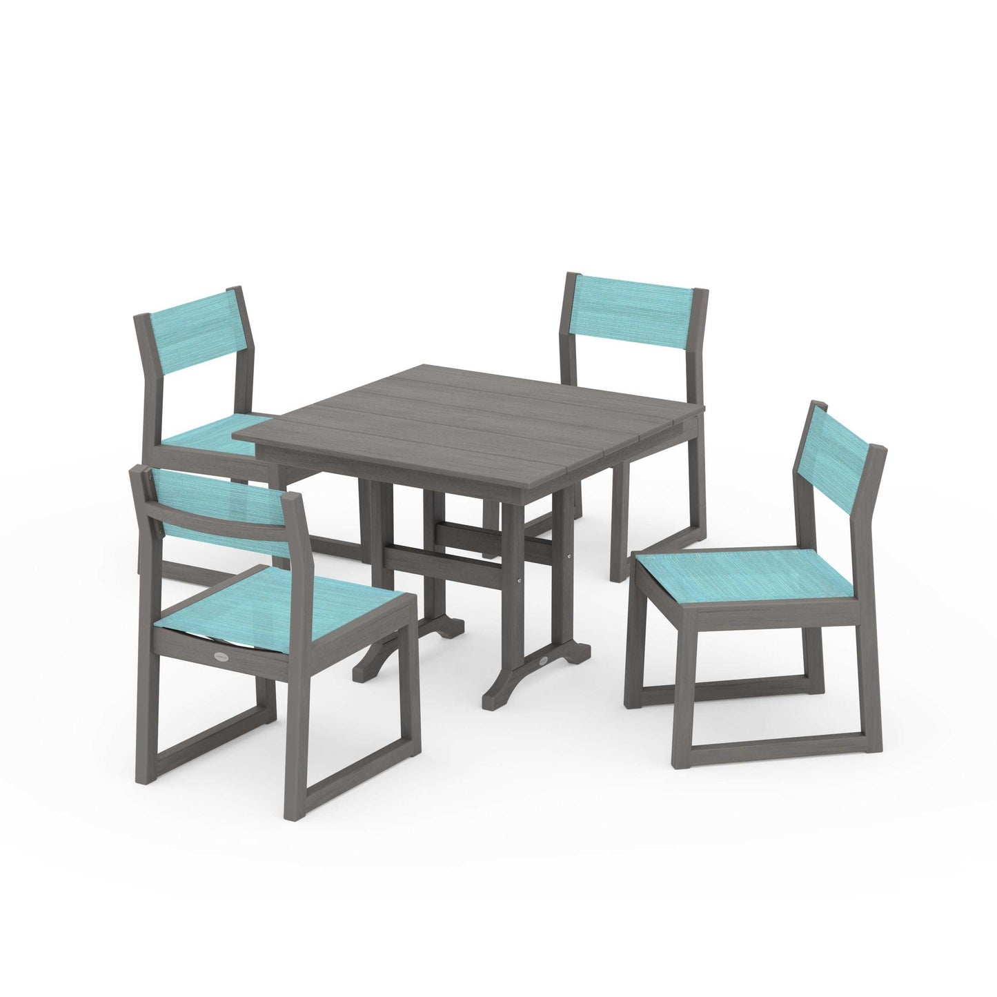 POLYWOOD EDGE Sling Side Chair 5-Piece Farmhouse Dining Set — Driftwood / Dupioni Aquamarine Sling