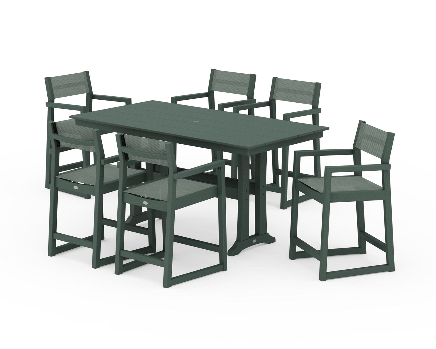 POLYWOOD EDGE Sling Arm Chair 7-Piece Farmhouse Counter Set with Trestle Legs — Green / Dupioni Sea Mist Sling