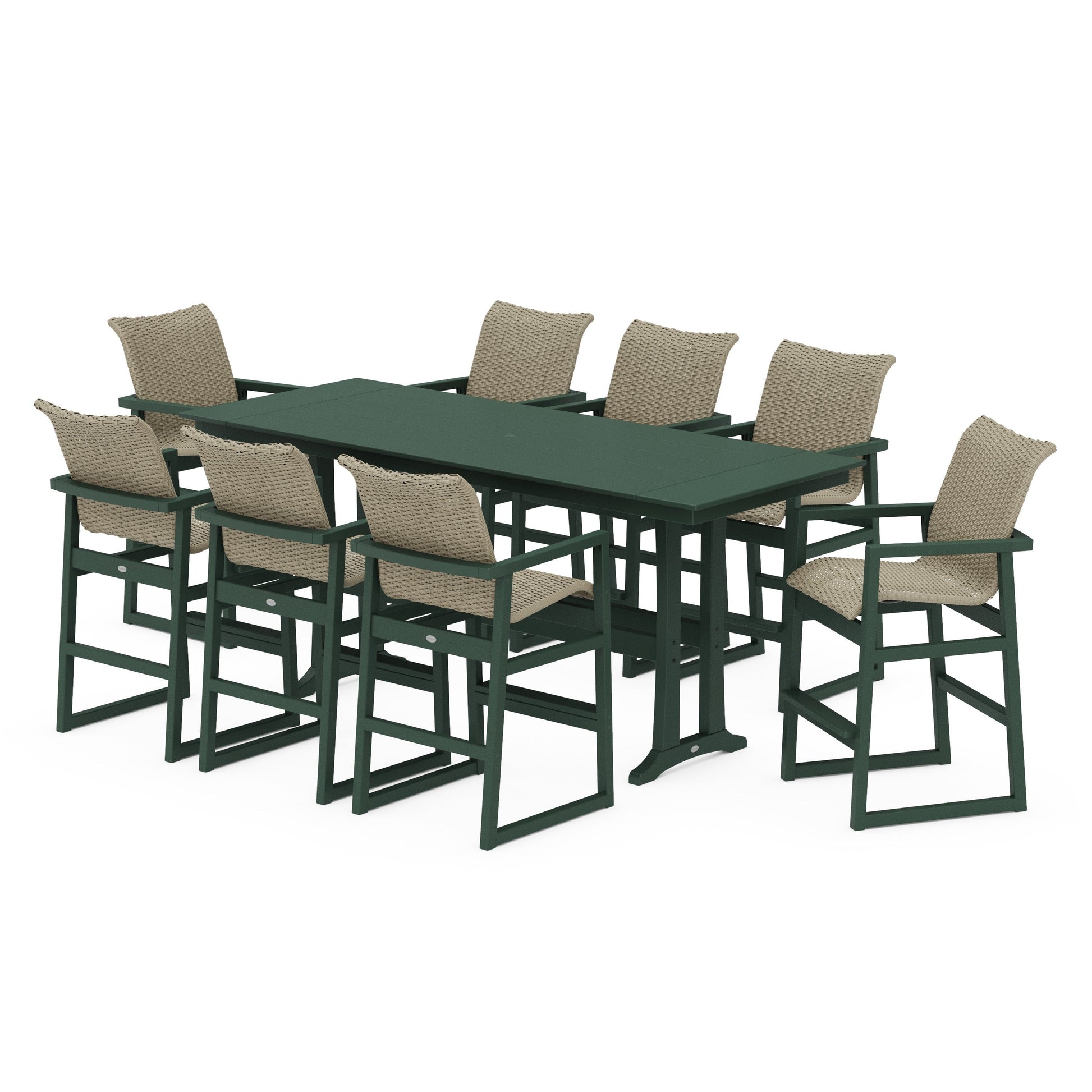 POLYWOOD EDGE Woven 9-Piece Farmhouse Bar Set with Trestle Legs — Green / Dune Grass