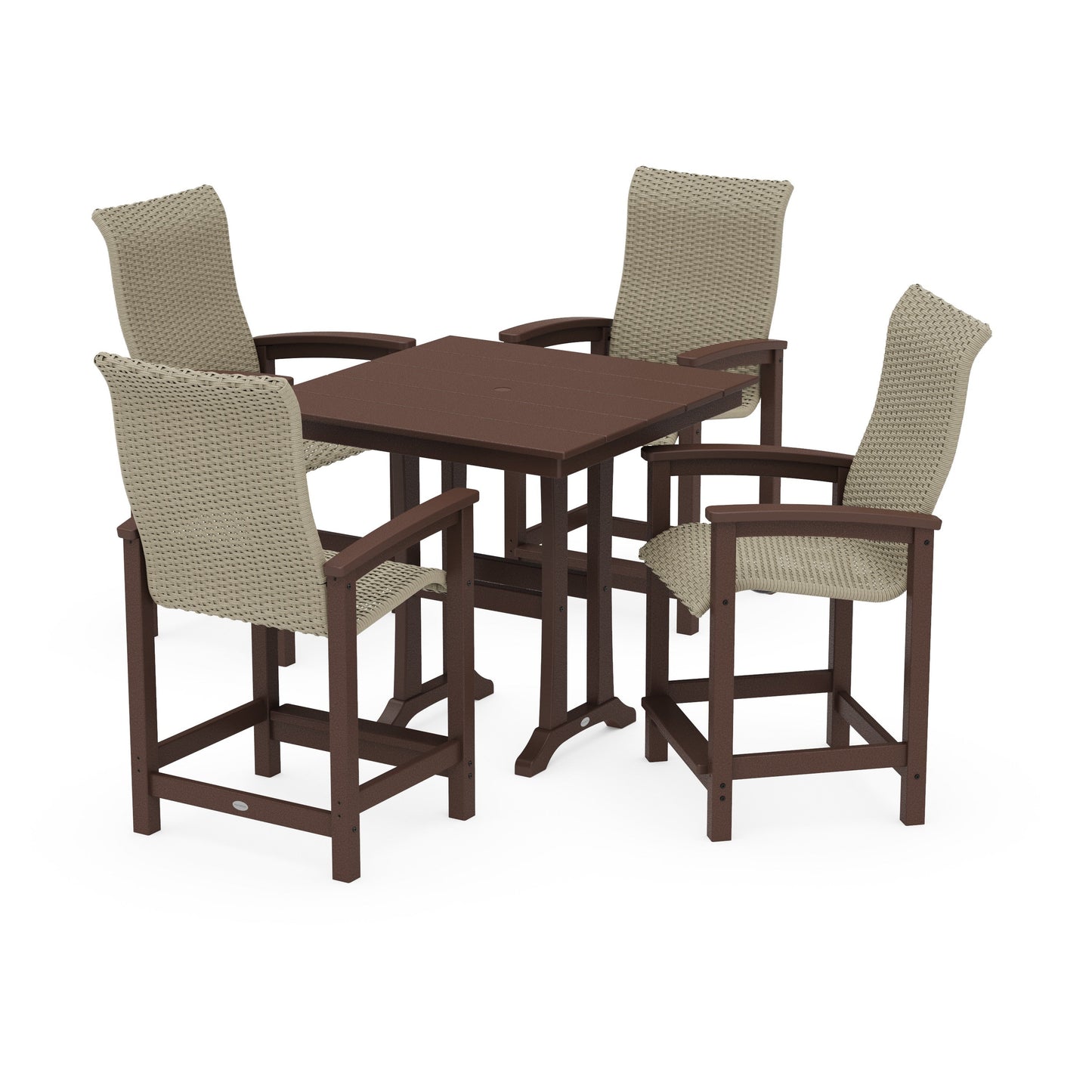 POLYWOOD Coastal Woven High-Back 5-Piece Farmhouse Counter Set with Trestle Legs — Mahogany / Dune Grass