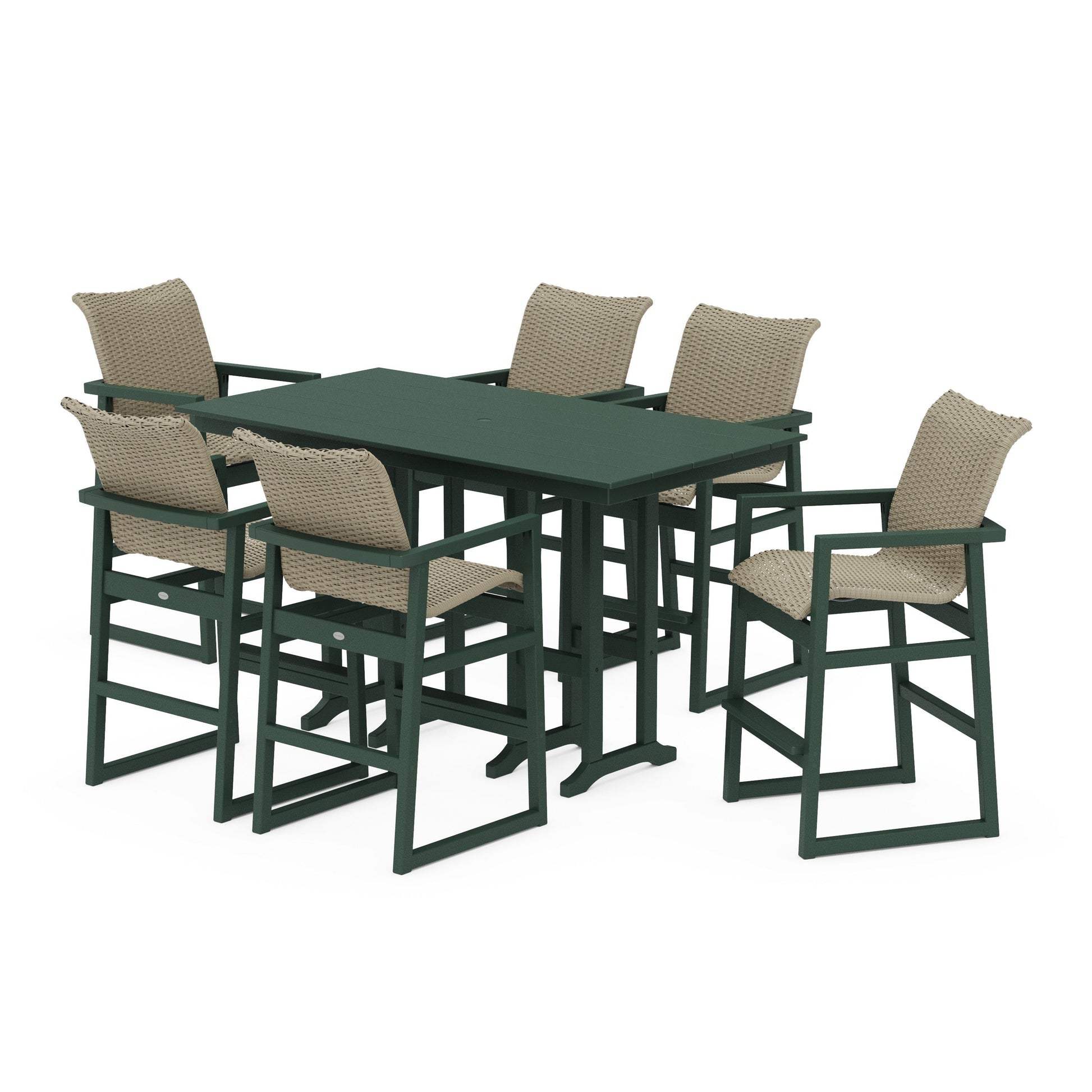 POLYWOOD EDGE Woven Arm Chair 7-Piece Farmhouse Bar Set — Green / Dune Grass