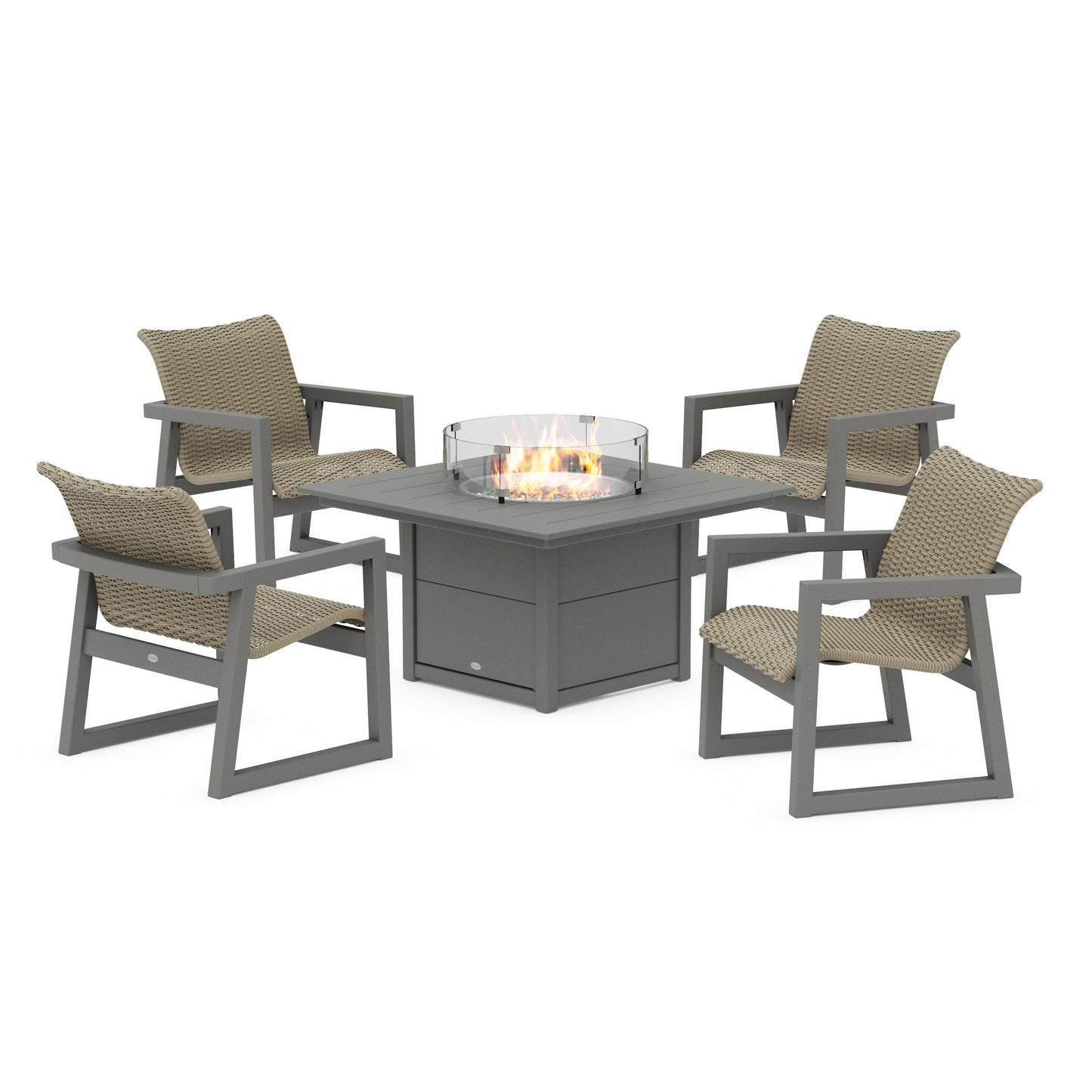 POLYWOOD EDGE Woven 5-Piece Lounge Chair Seating Set with Fire Pit Table — Slate Grey / Dune Grass