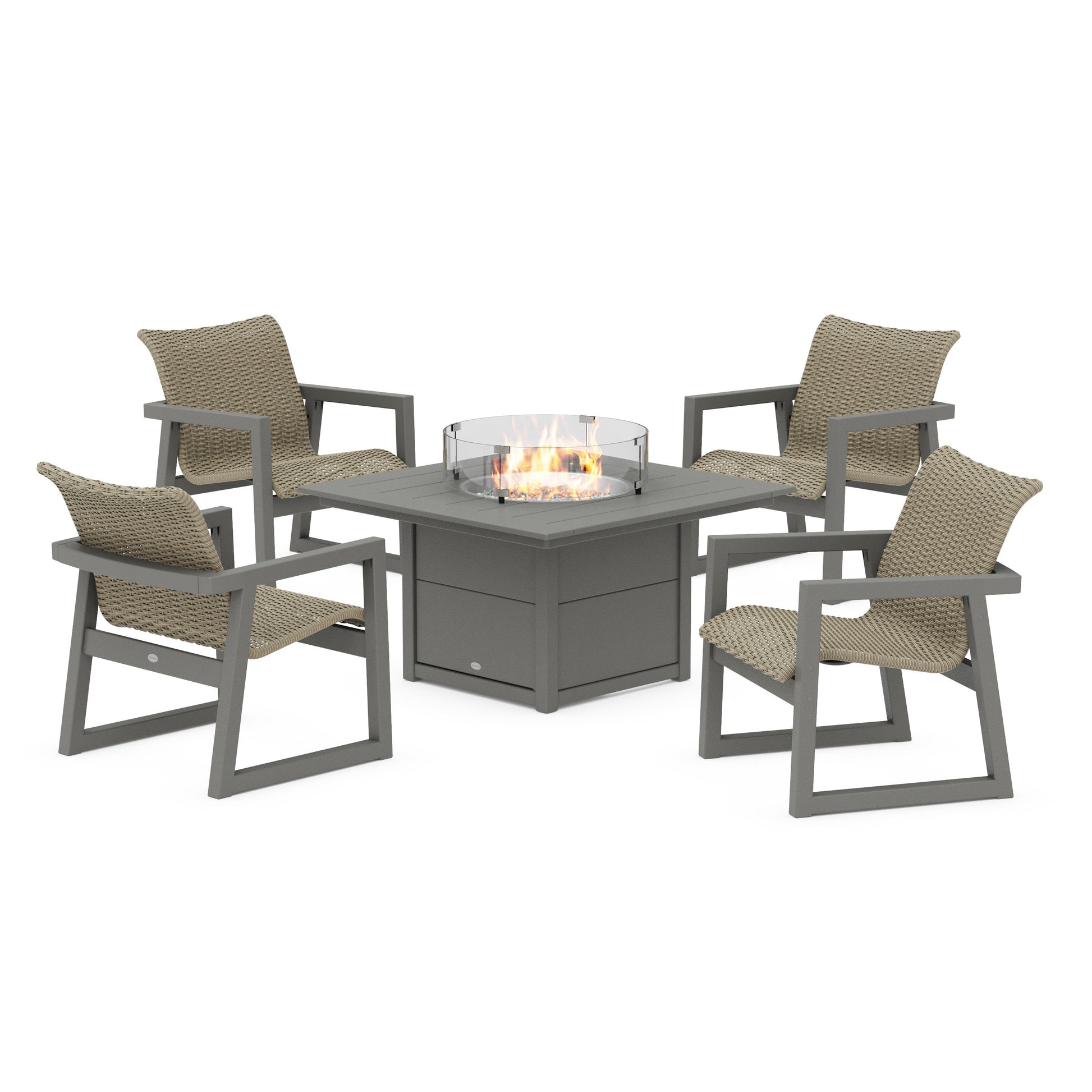 POLYWOOD EDGE Woven 5-Piece Lounge Chair Seating Set with Fire Pit Table — Slate Grey / Dune Grass