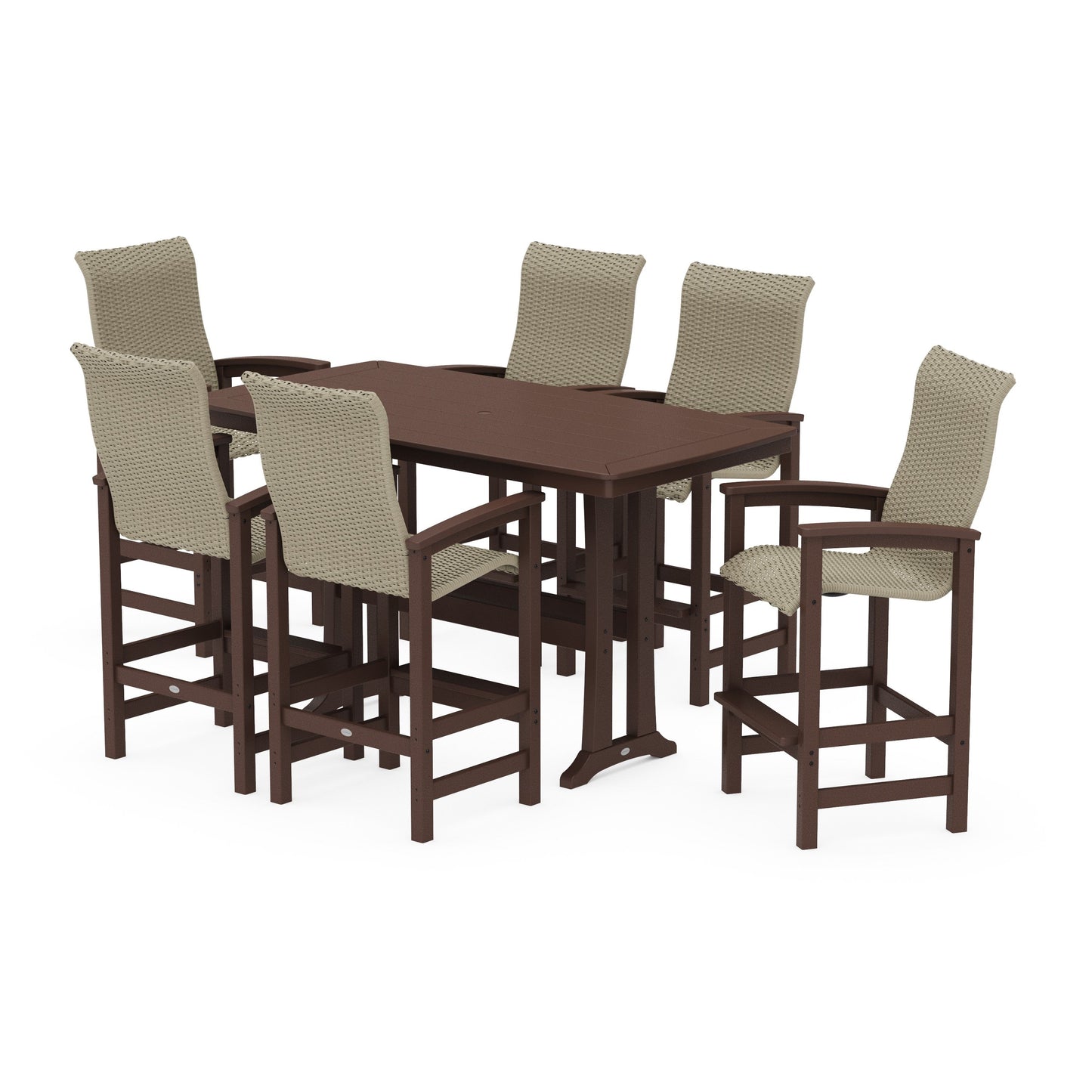 POLYWOOD Coastal Woven High-Back Arm Chair 7-Piece Bar Set with Trestle Legs — Mahogany / Dune Grass
