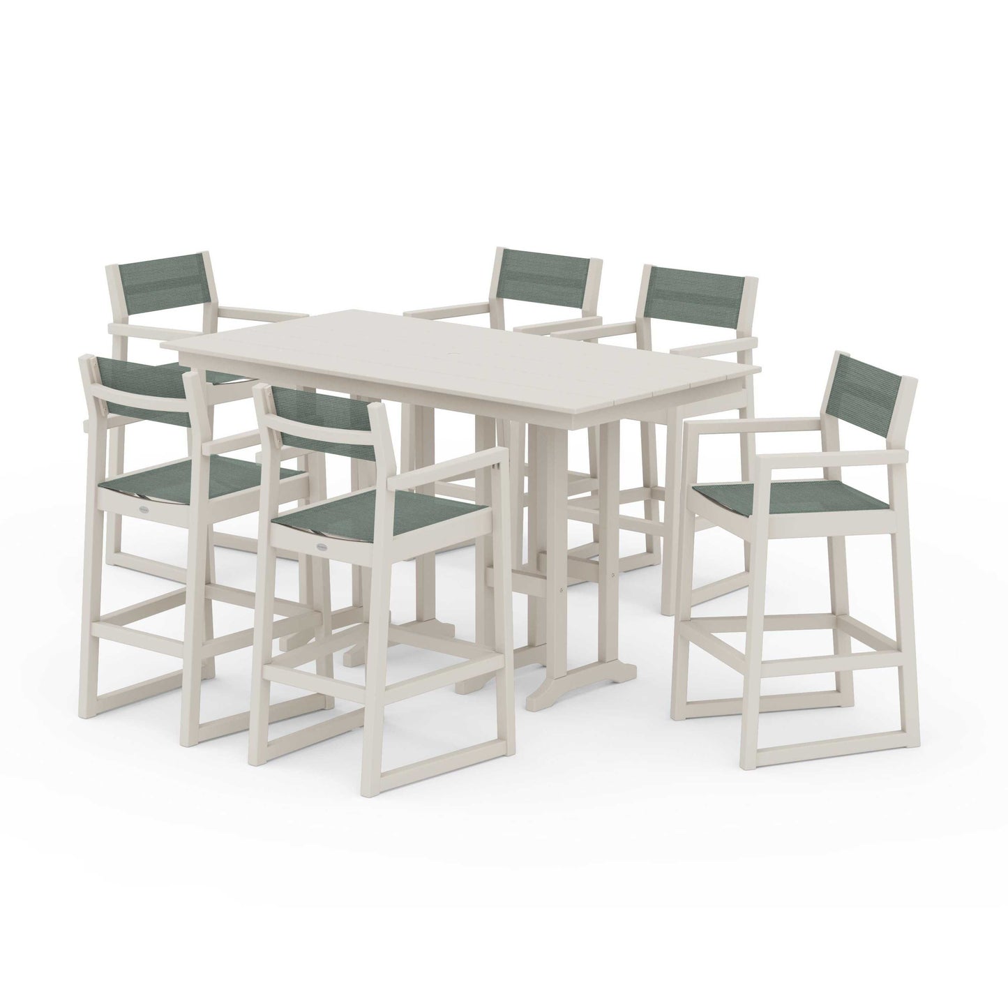 POLYWOOD EDGE Sling Arm Chair 7-Piece Farmhouse Bar Set — Sand / Dupioni Sea Mist Sling