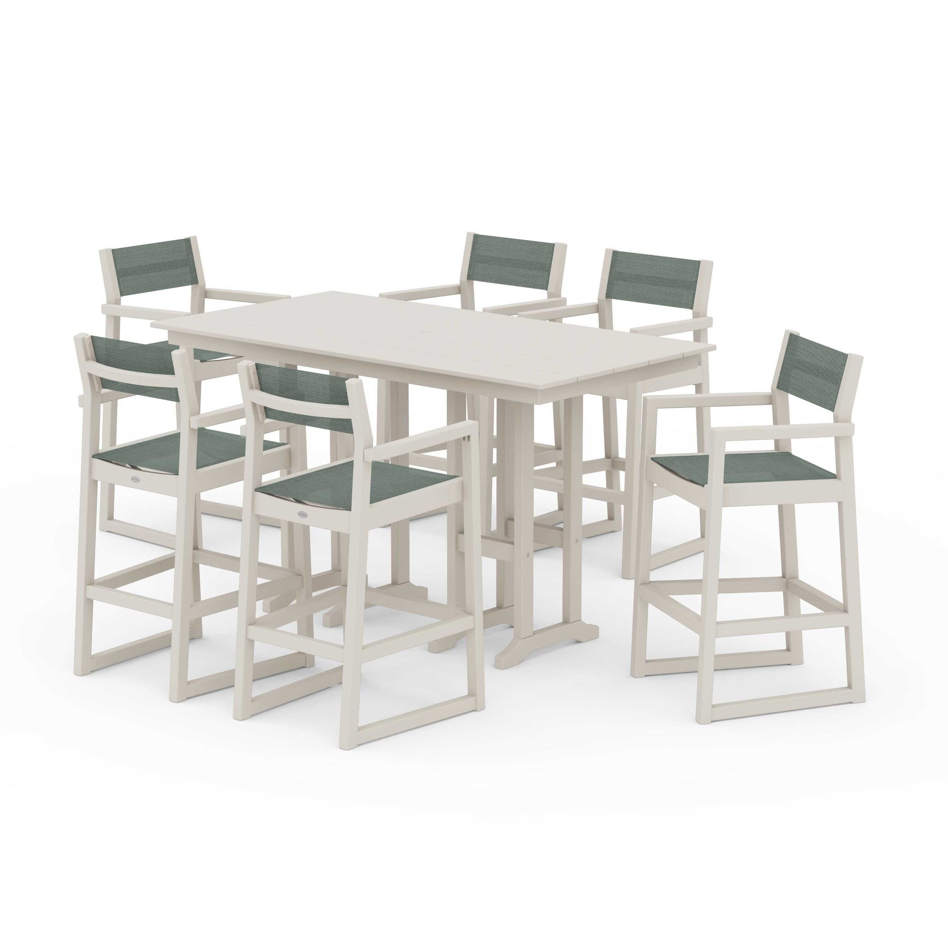 POLYWOOD EDGE Sling Arm Chair 7-Piece Farmhouse Bar Set — Sand / Dupioni Sea Mist Sling