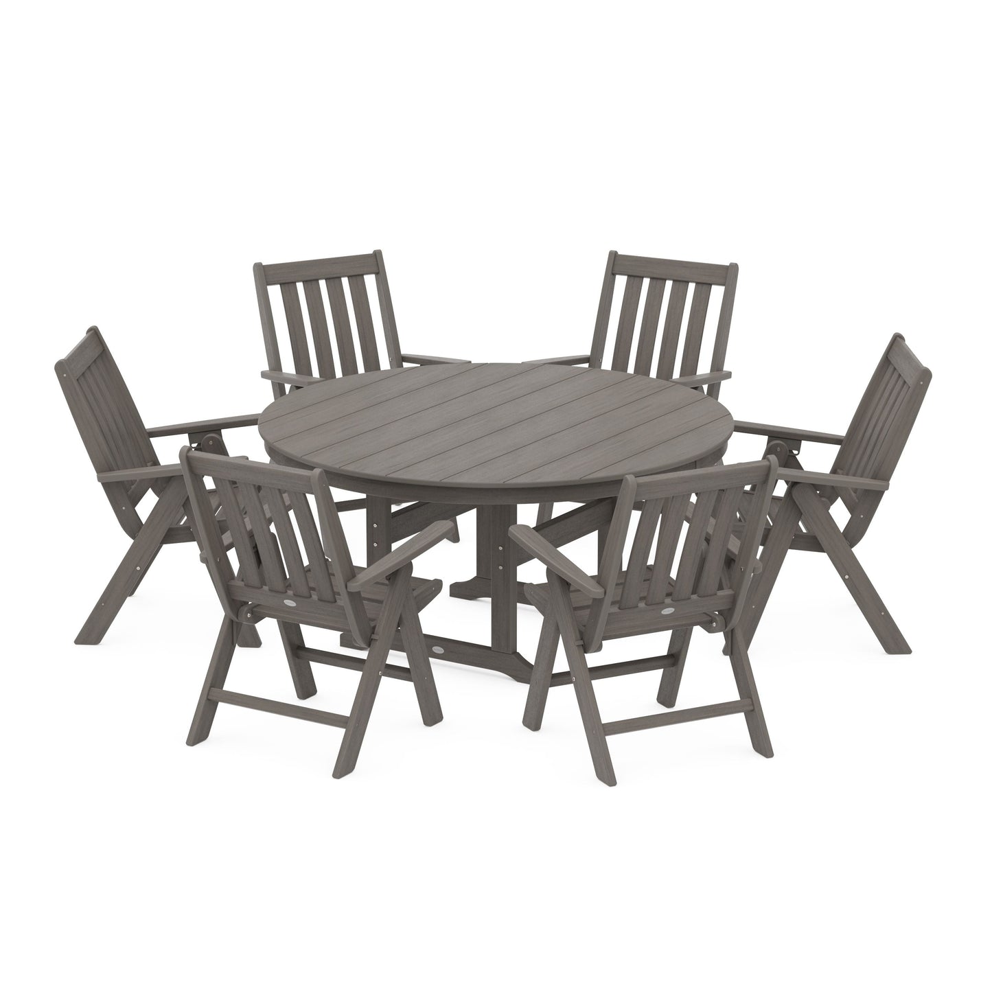 POLYWOOD Vineyard 7-Piece Folding Chair Round Farmhouse Dining Set — Driftwood