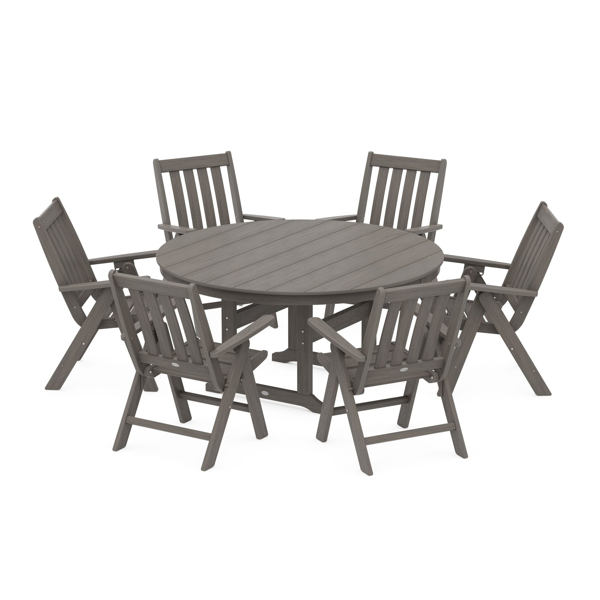 POLYWOOD Vineyard 7-Piece Folding Chair Round Farmhouse Dining Set — Driftwood