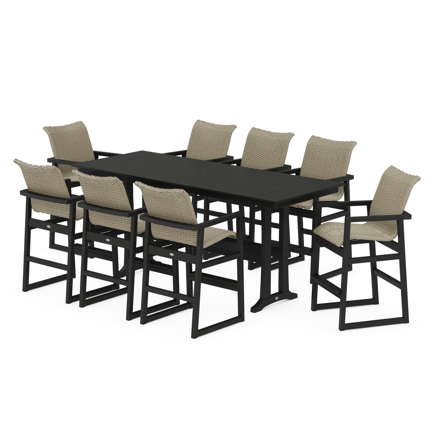POLYWOOD EDGE Woven 9-Piece Farmhouse Bar Set with Trestle Legs — Black / Dune Grass