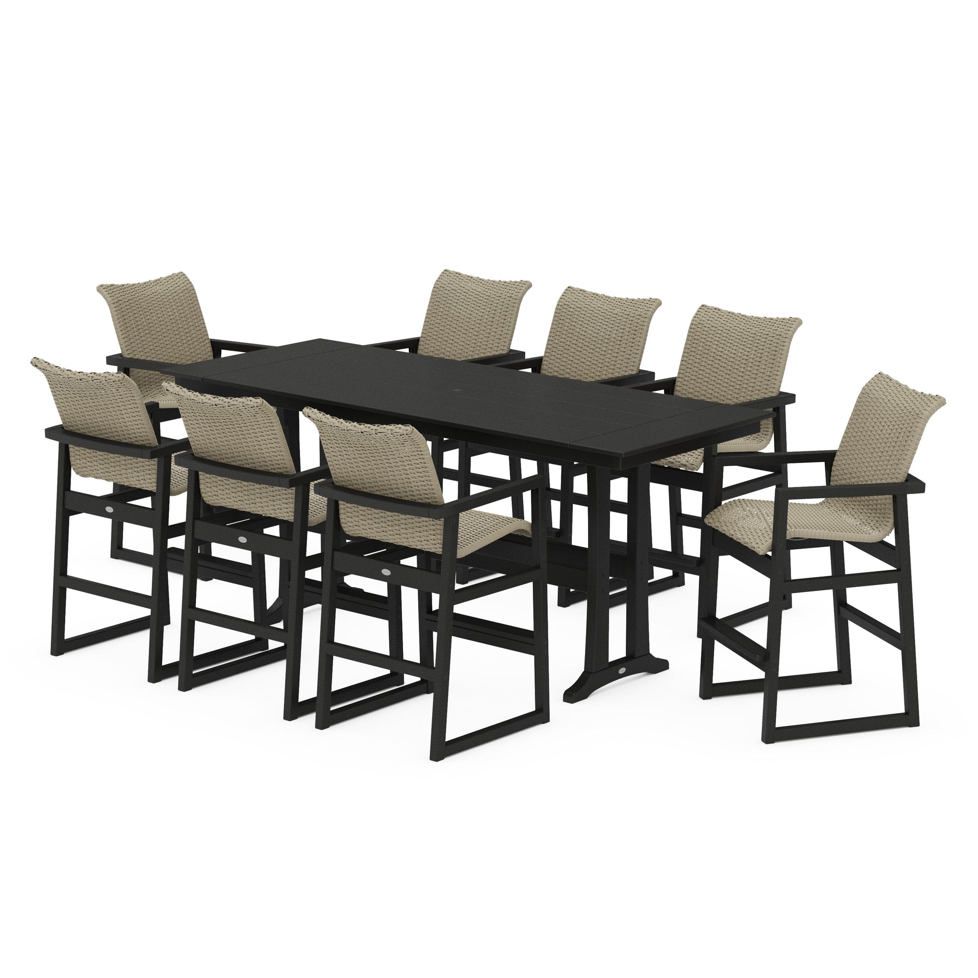POLYWOOD EDGE Woven 9-Piece Farmhouse Bar Set with Trestle Legs — Black / Dune Grass