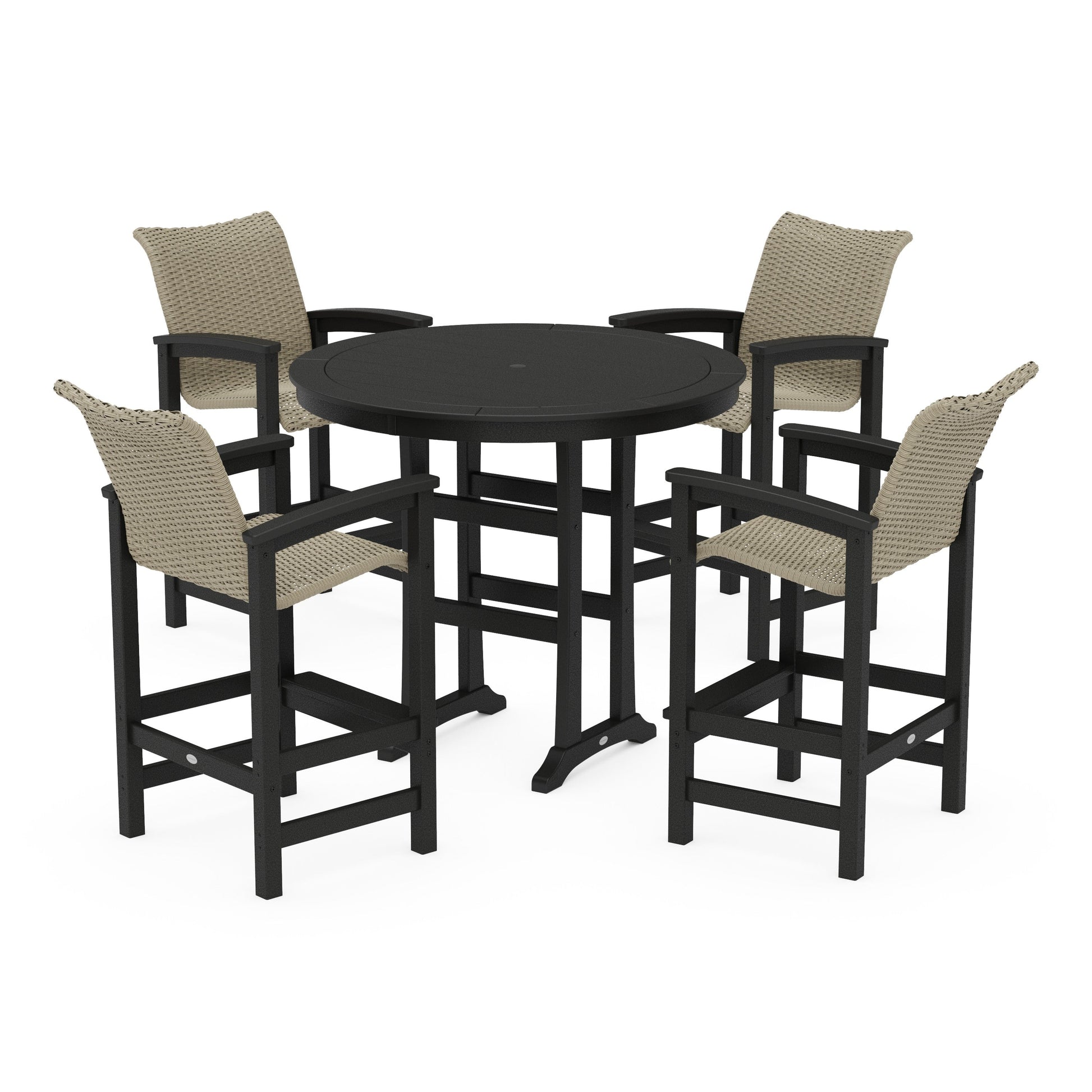 POLYWOOD Coastal Woven 5-Piece Round Bar Set — Black / Dune Grass