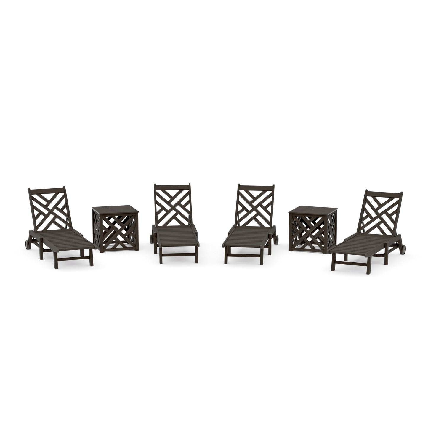 POLYWOOD Chippendale 6-Piece Chaise Set with Wheels and Umbrella Stand Accent Table — Vintage Coffee