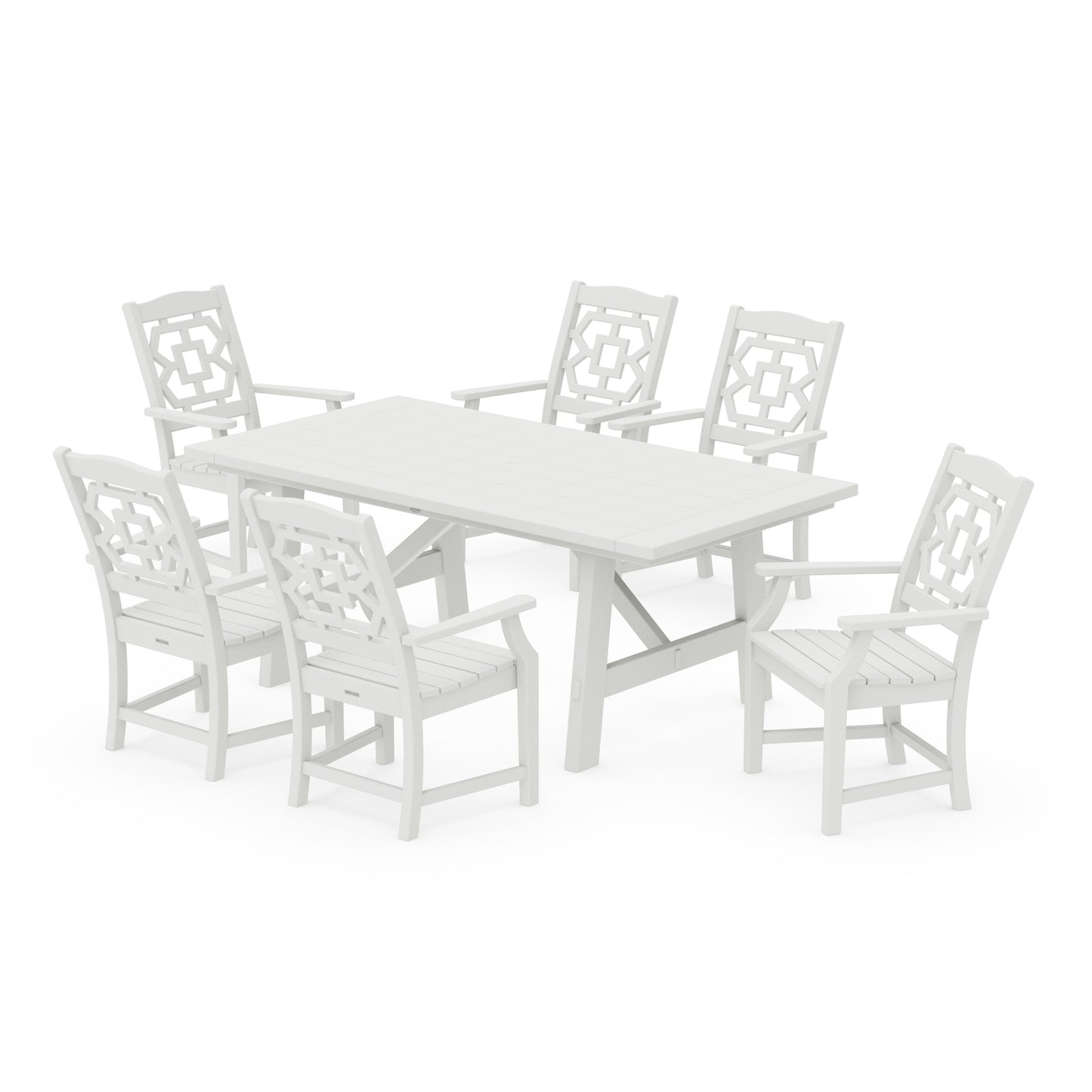 POLYWOOD Chinoiserie Arm Chair 7-Piece Rustic Farmhouse Dining Set — Vintage White