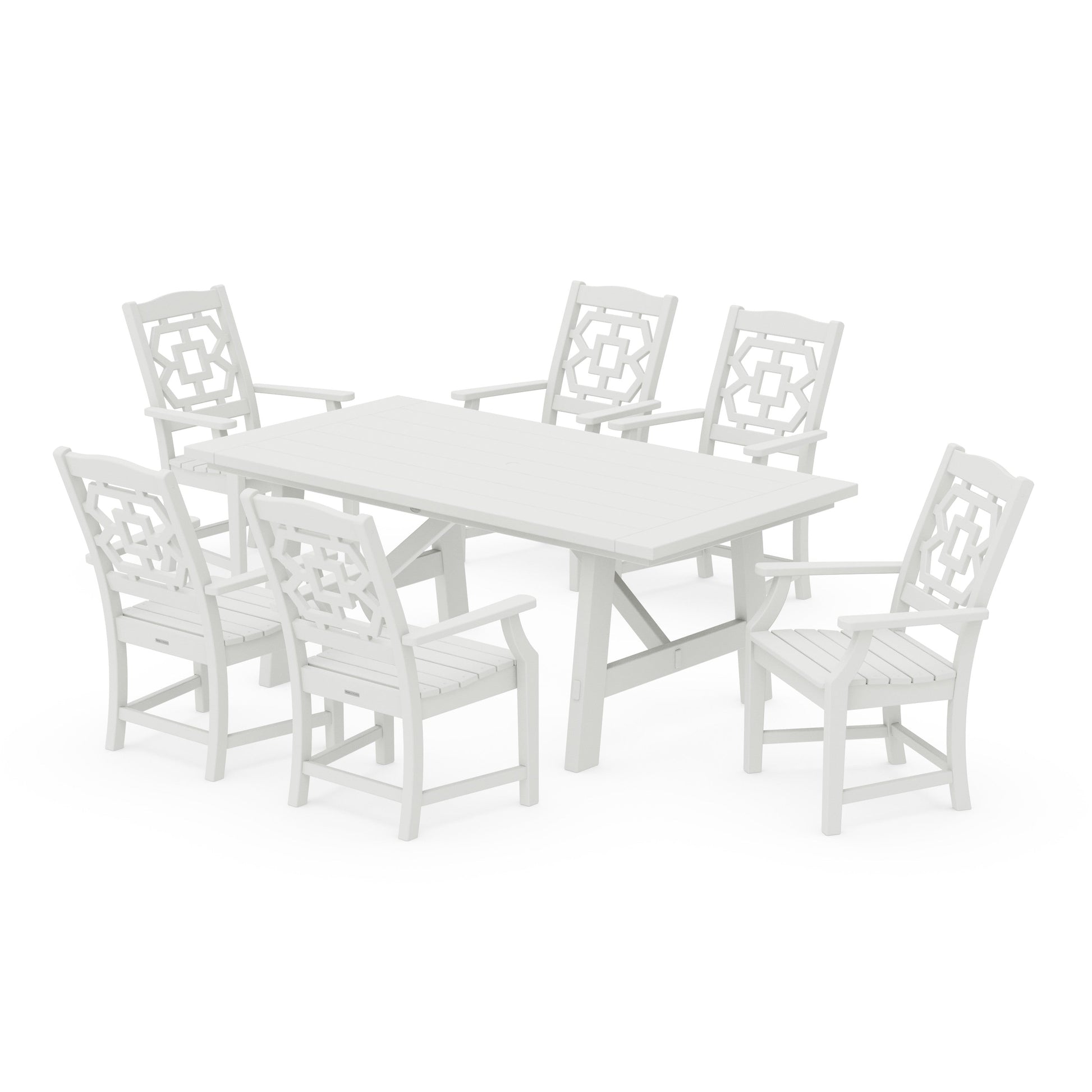 POLYWOOD Chinoiserie Arm Chair 7-Piece Rustic Farmhouse Dining Set — Vintage White