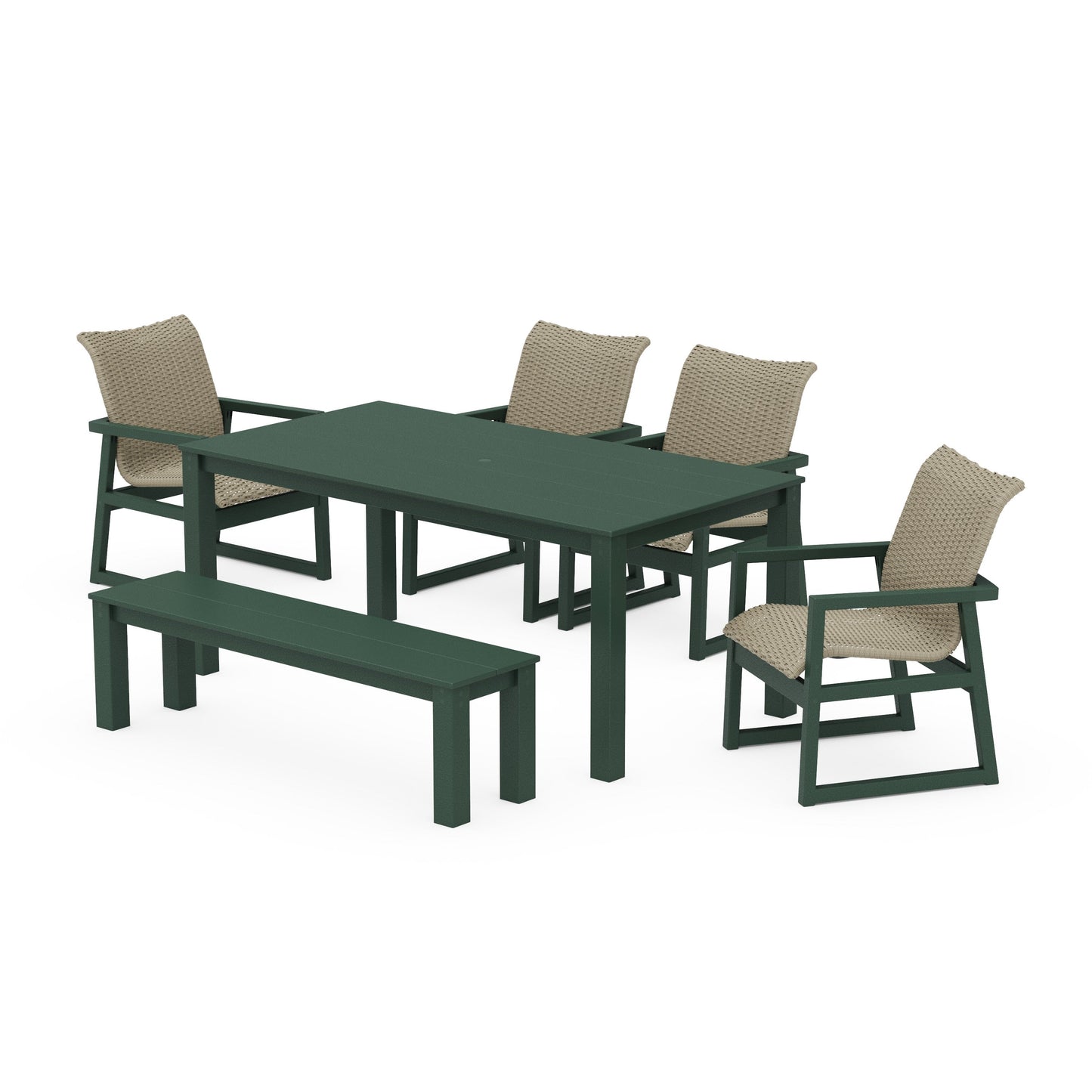 POLYWOOD EDGE Woven 6-Piece Parsons Dining Set with Bench — Green / Dune Grass