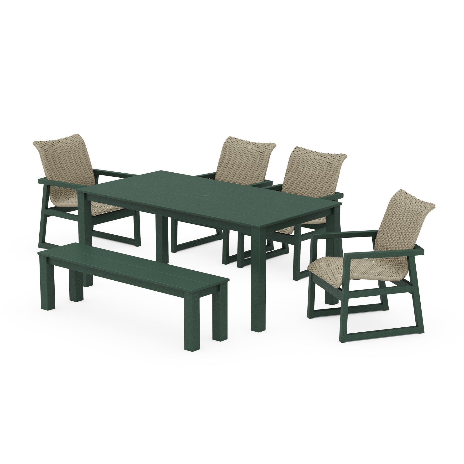 POLYWOOD EDGE Woven 6-Piece Parsons Dining Set with Bench — Green / Dune Grass